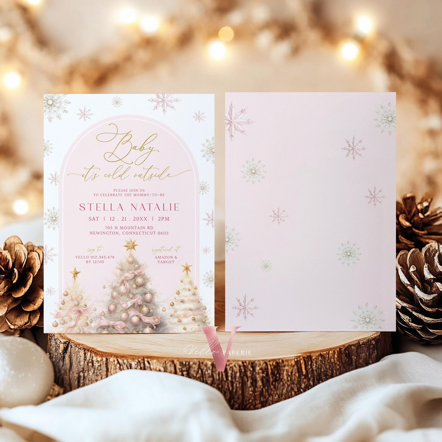 BUNDLE Blush Pink Baby It's Cold Outside Shower Invitation | Winter Snowflakes Baby Invite | Modern Pink Christmas Tree Baby Shower WBS01