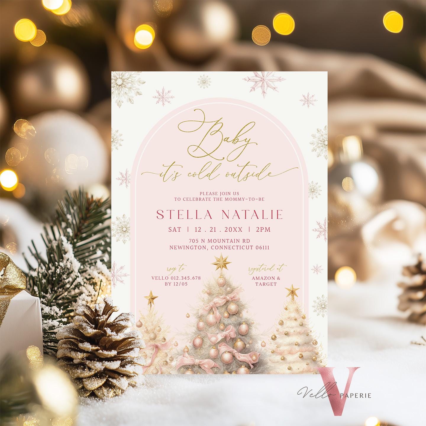 BUNDLE Blush Pink Baby It's Cold Outside Shower Invitation | Winter Snowflakes Baby Invite | Modern Pink Christmas Tree Baby Shower WBS01