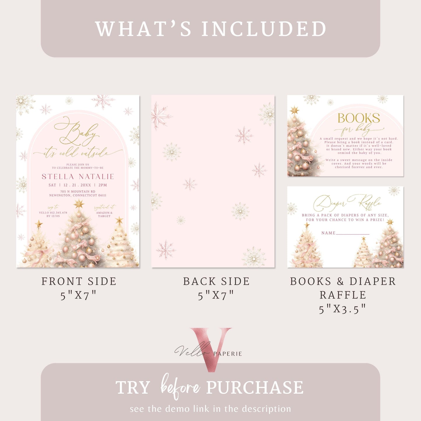 BUNDLE Blush Pink Baby It's Cold Outside Shower Invitation | Winter Snowflakes Baby Invite | Modern Pink Christmas Tree Baby Shower WBS01