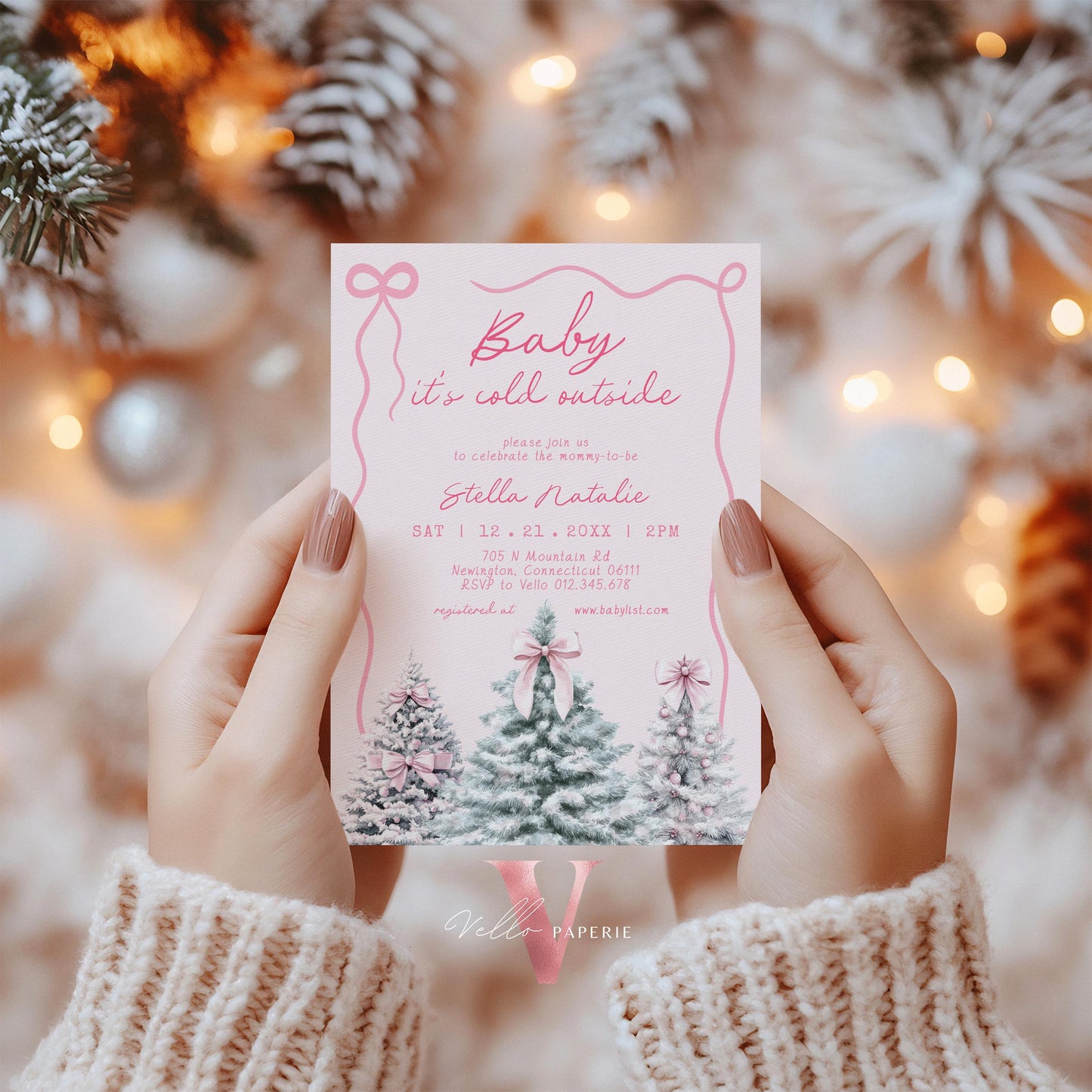 BUNDLE Cute Pink Baby It's Cold Outside Shower Invitation | Winter Snowflakes Baby Invite | Modern Pink Christmas Tree Baby Shower WBS01