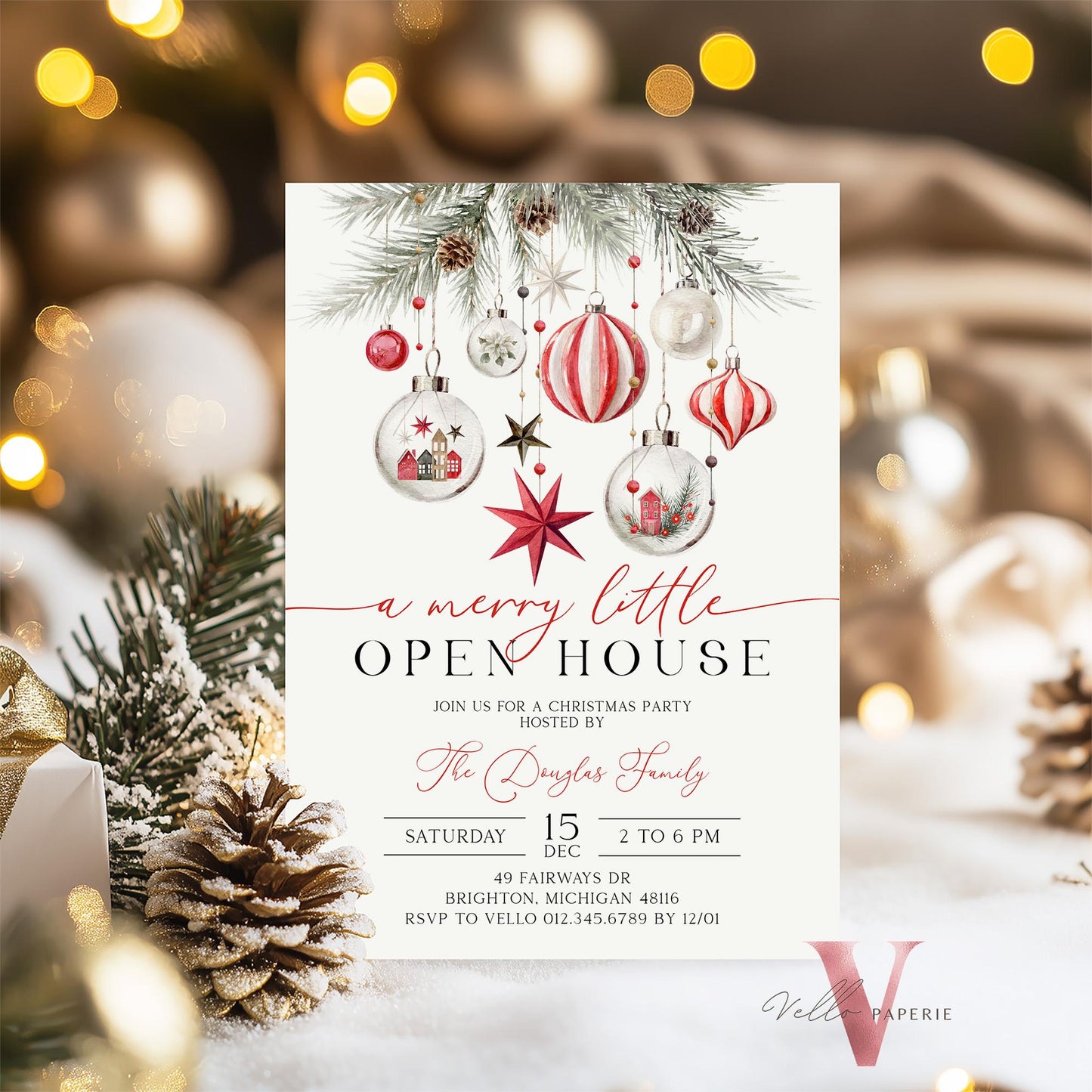 Merry Little Open House Invitation | Neutral Christmas Party Invite | Modern Red Silver Friendsmas Party Invite Christmas Decor CHP01