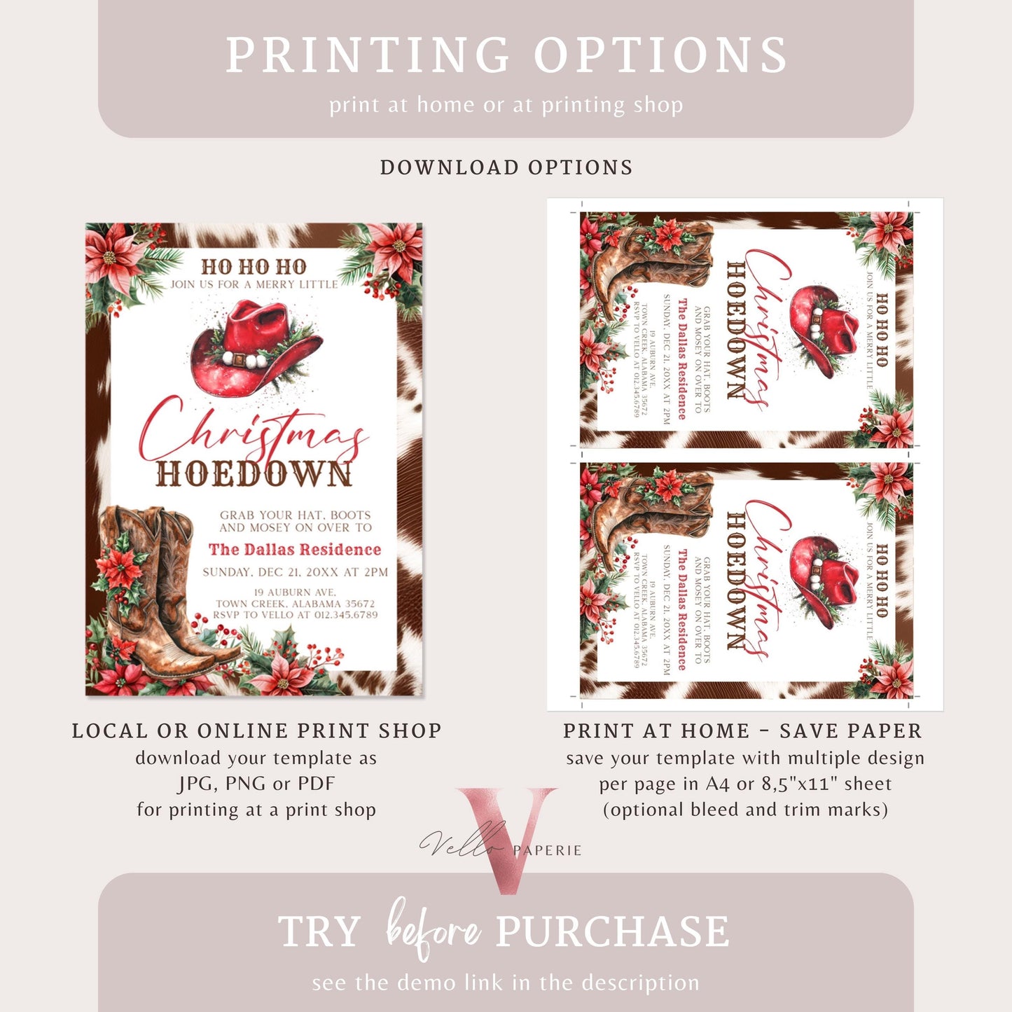 Editable Western Christmas Hoedown Party Invitation | Merry Little Open House Cowboy Holiday Party Invite | Rustic Boots Friendsmas WCH01