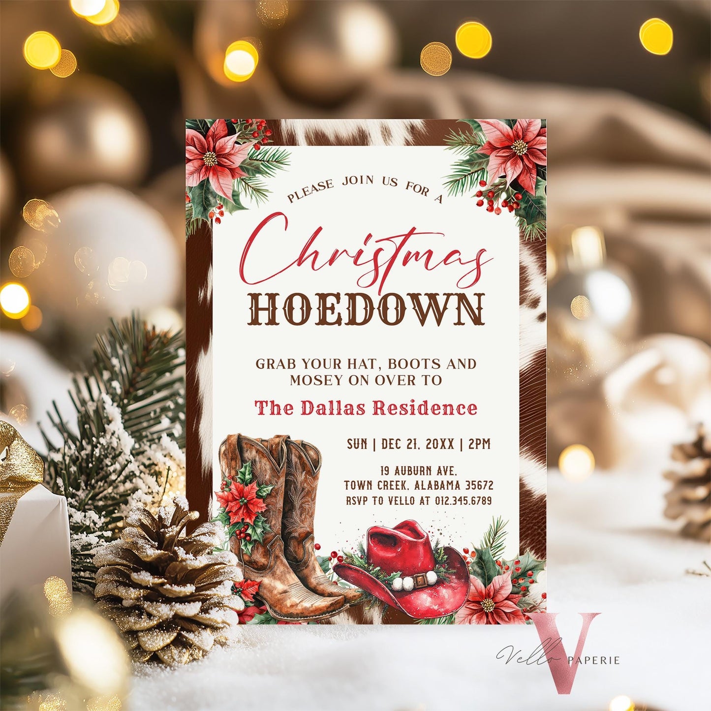 Editable Western Christmas Hoedown Party Invitation | Merry Little Open House Cowboy Holiday Party Invite | Rustic Boots Friendsmas WCH01