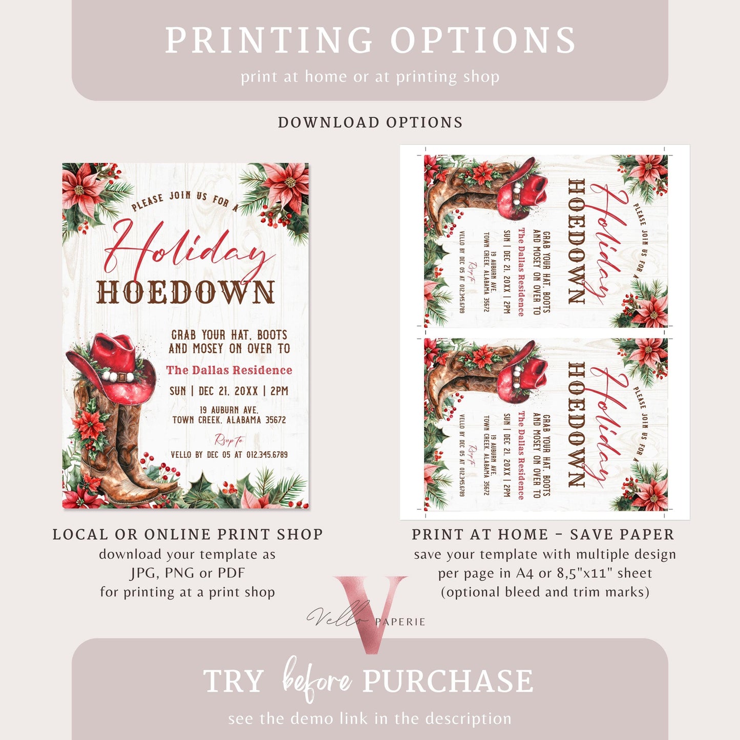 Editable Western Holiday Hoedown Party Invitation | Merry Little Open House Cowboy Christmas Party Invite | Rustic Boots Friendsmas WCH01