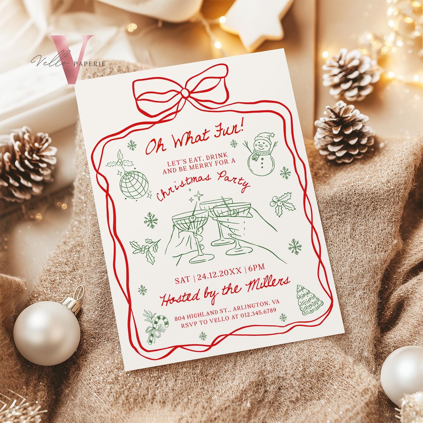 Full Editable Handdrawn Merry Little Christmas Party Invitation | Whimsical Friendsmas Party Invite | Red Green Holiday Cocktail Party WCP01