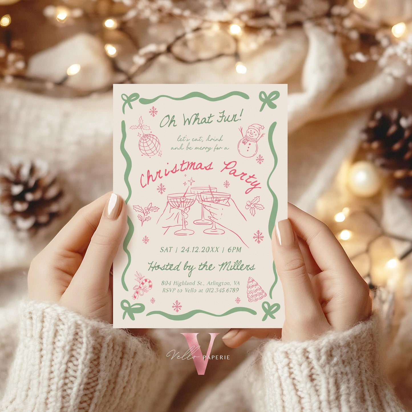 Full Editable Handdrawn Merry Christmas Party Invitation | Whimsical Friendsmas Party Invite | Pink Green Holiday Cocktail Party WCP01