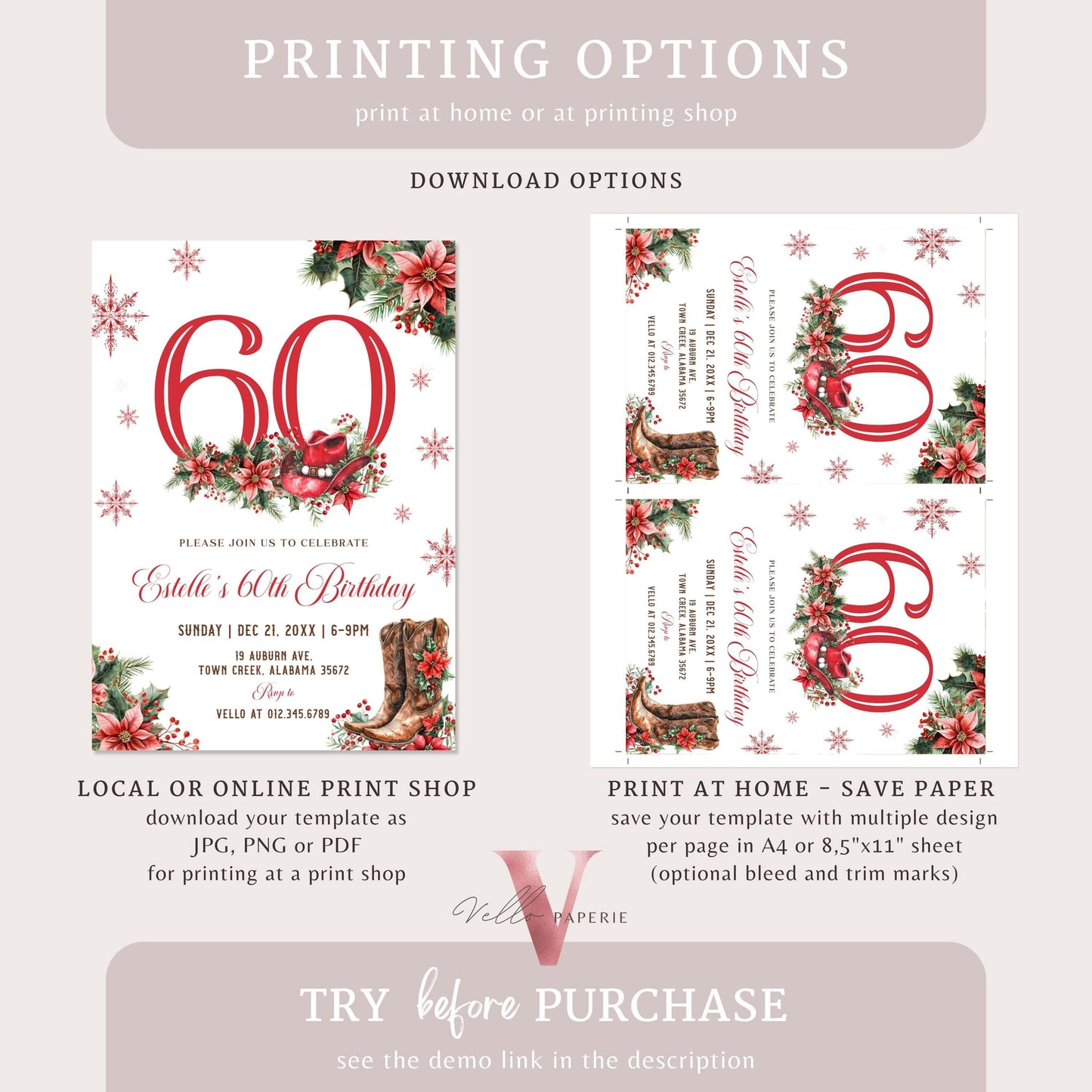 Editable "AGE" Western Christmas Birthday Party Invitation | Merry Little Cowboy Holiday Birthday Party Invite | Rustic Boots Country WCH01