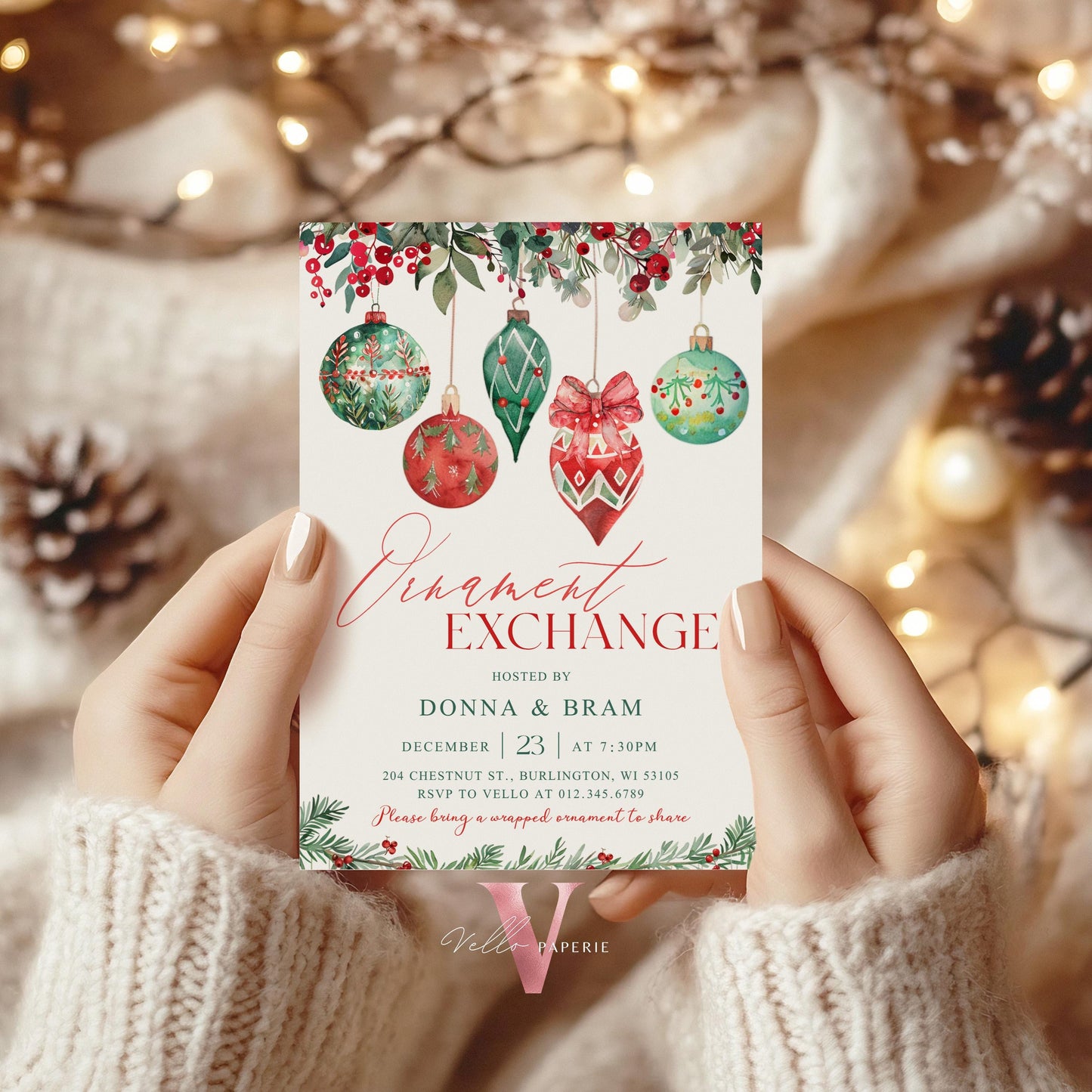 Editable Christmas Ornament Exchange Party Invitation | Merry Little Holiday Party Invite | Neutral Christmas Ornament Swap Friendsmas CHP01