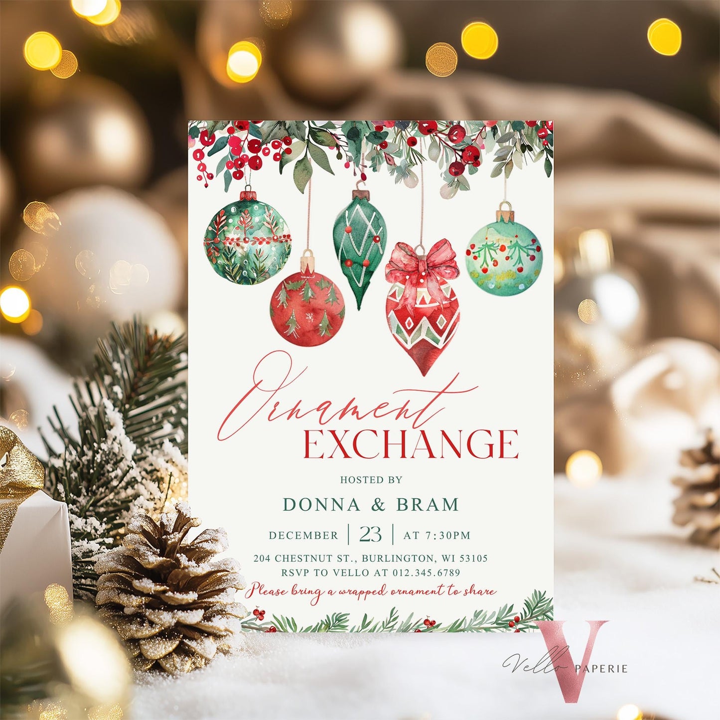 Editable Christmas Ornament Exchange Party Invitation | Merry Little Holiday Party Invite | Neutral Christmas Ornament Swap Friendsmas CHP01