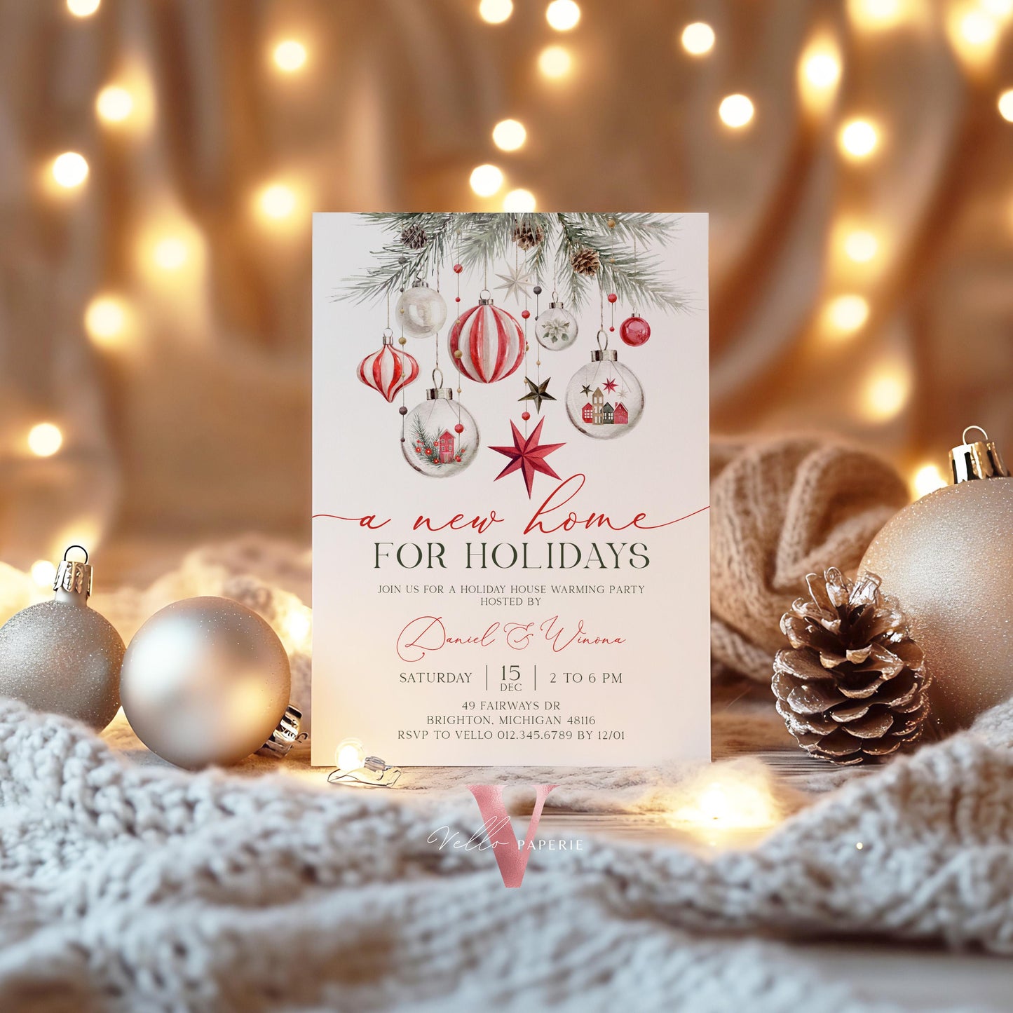 Christmas House Warming Invitation | Red Silver Home Sweet Home Party Invite | Modern/Rustic New House Celebration Winter Floral Decor WHW01