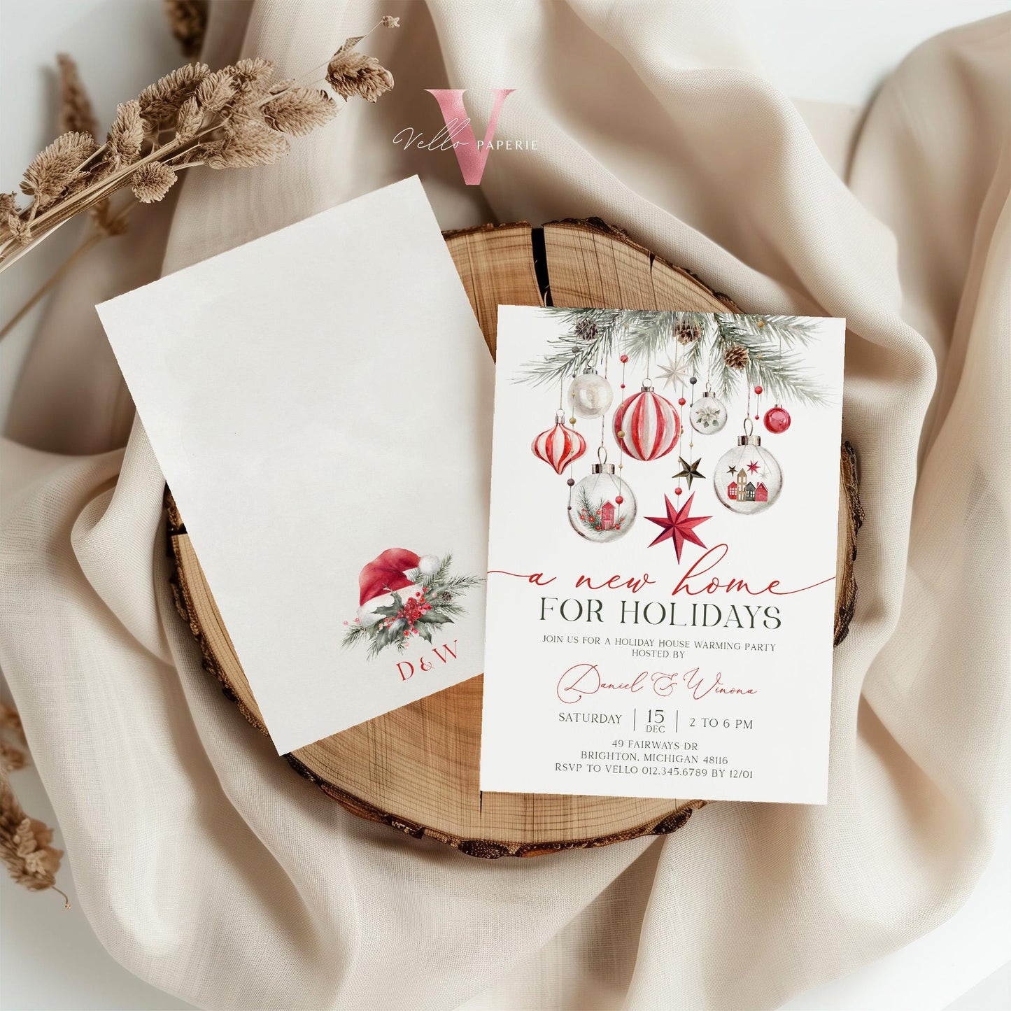 Christmas House Warming Invitation | Red Silver Home Sweet Home Party Invite | Modern/Rustic New House Celebration Winter Floral Decor WHW01