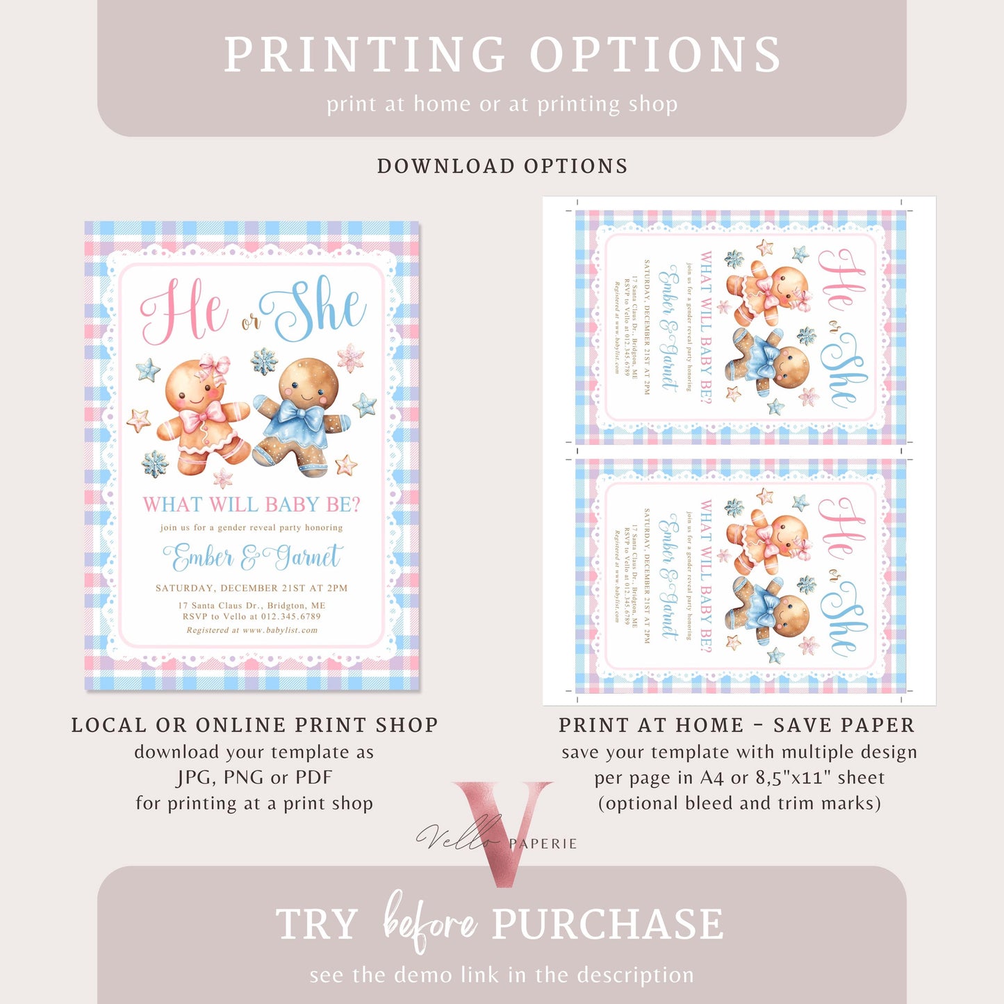 He or She Gingerbread Baby Shower Invitation | Winter Gender Reveal Baby Coming Invite | Pink Blue Gingerbread Christmas Cookie CWBS01
