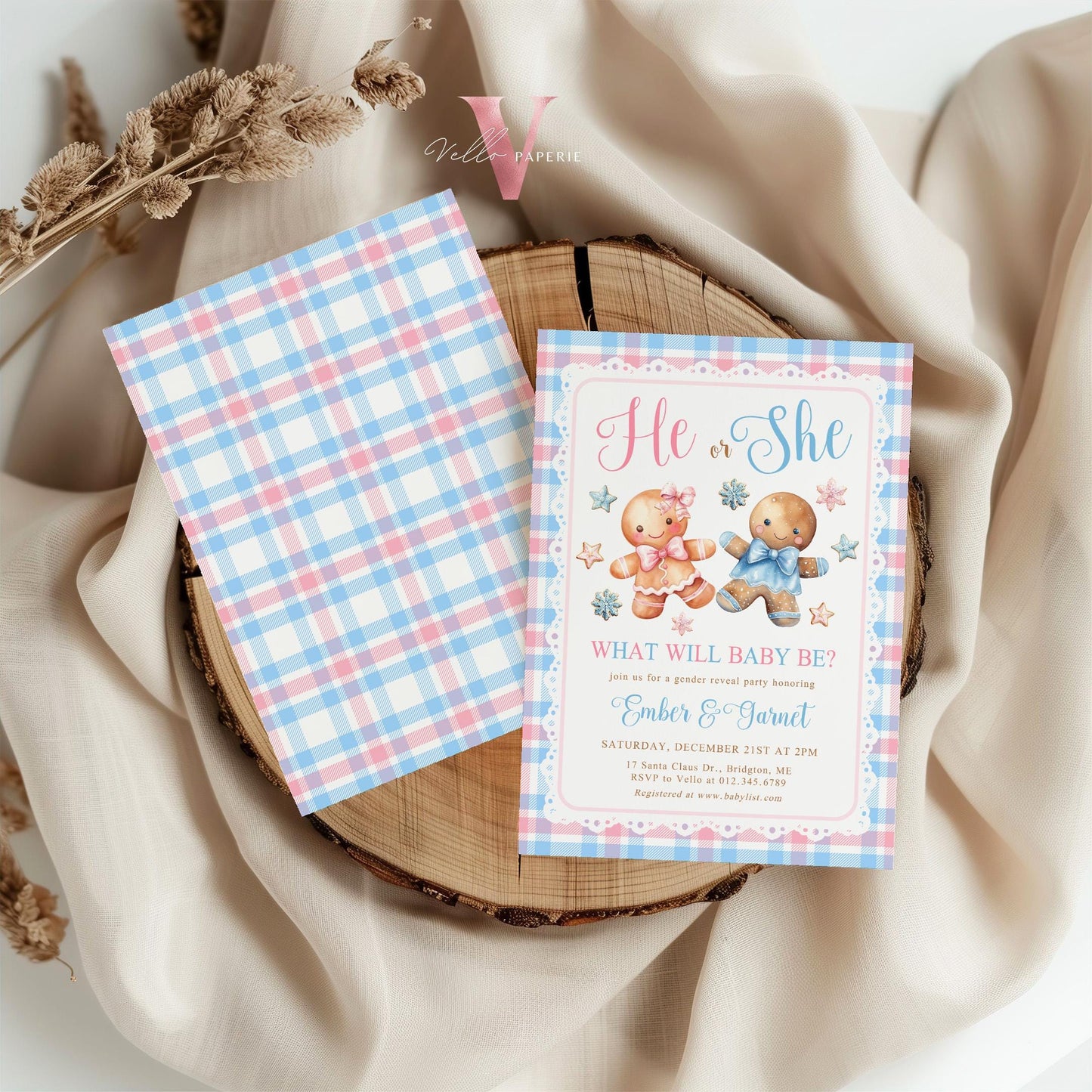 He or She Gingerbread Baby Shower Invitation | Winter Gender Reveal Baby Coming Invite | Pink Blue Gingerbread Christmas Cookie CWBS01