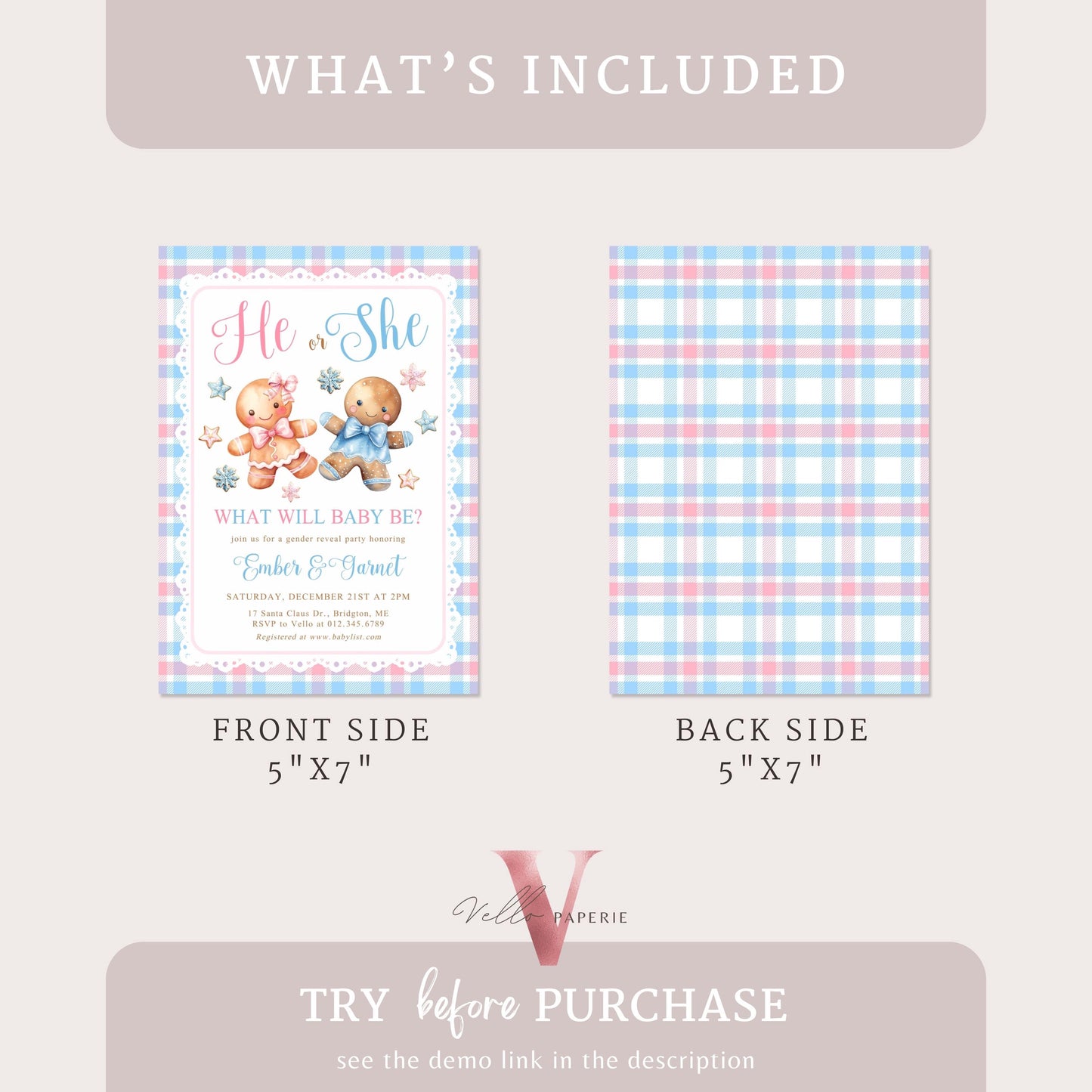 He or She Gingerbread Baby Shower Invitation | Winter Gender Reveal Baby Coming Invite | Pink Blue Gingerbread Christmas Cookie CWBS01