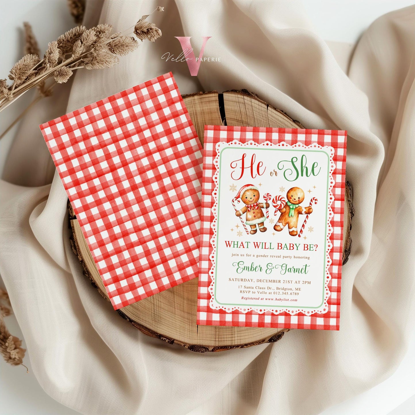 He or She Gingerbread Baby Shower Invitation | Winter Gender Reveal Cookie Baby Invite | Red Green Gingerbread Christmas Gingham CWBS01