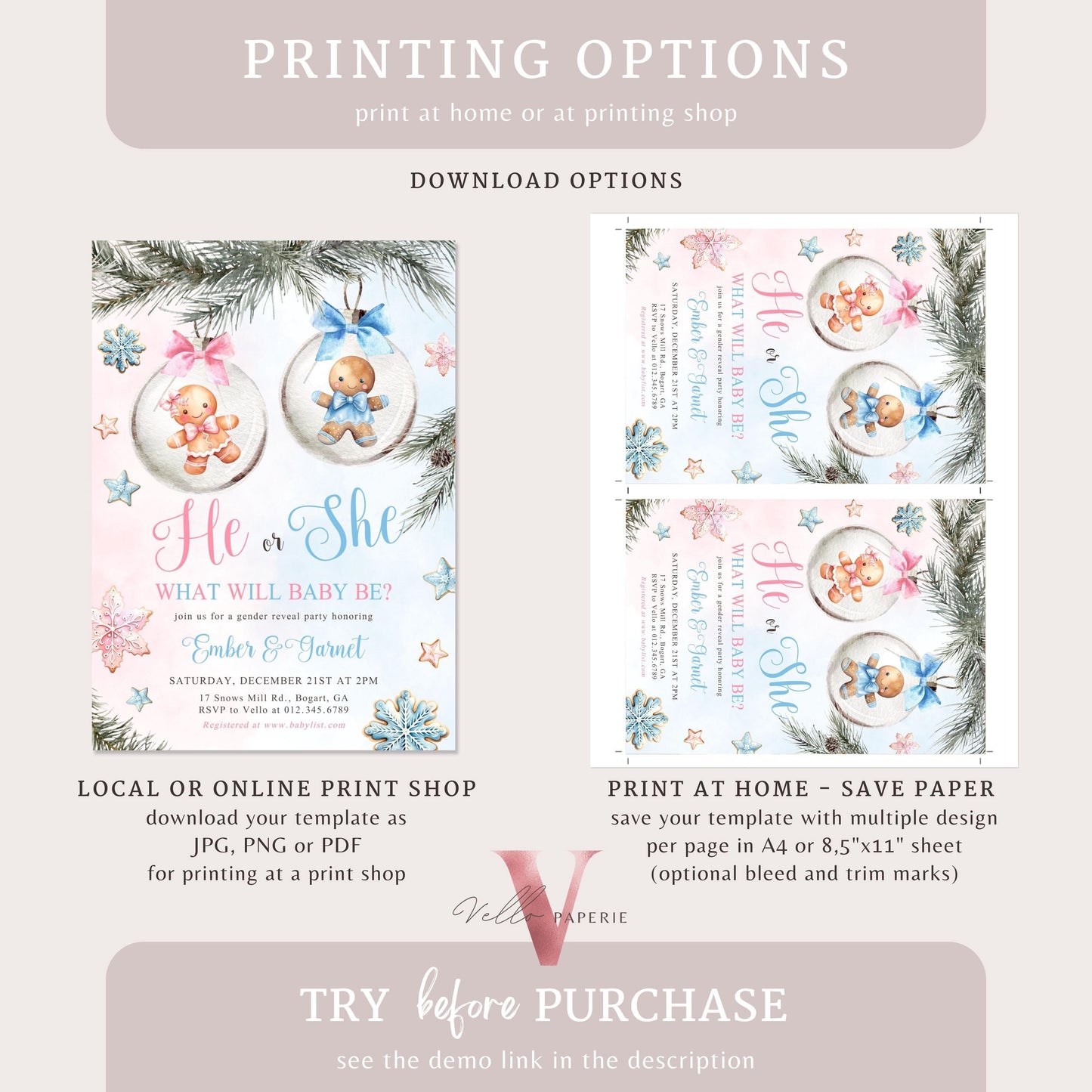 He or She Gingerbread Baby Shower Invitation | Winter Gender Reveal Little Cookie Invite | Pink Blue Gingerbread Christmas Baubles CWBS01