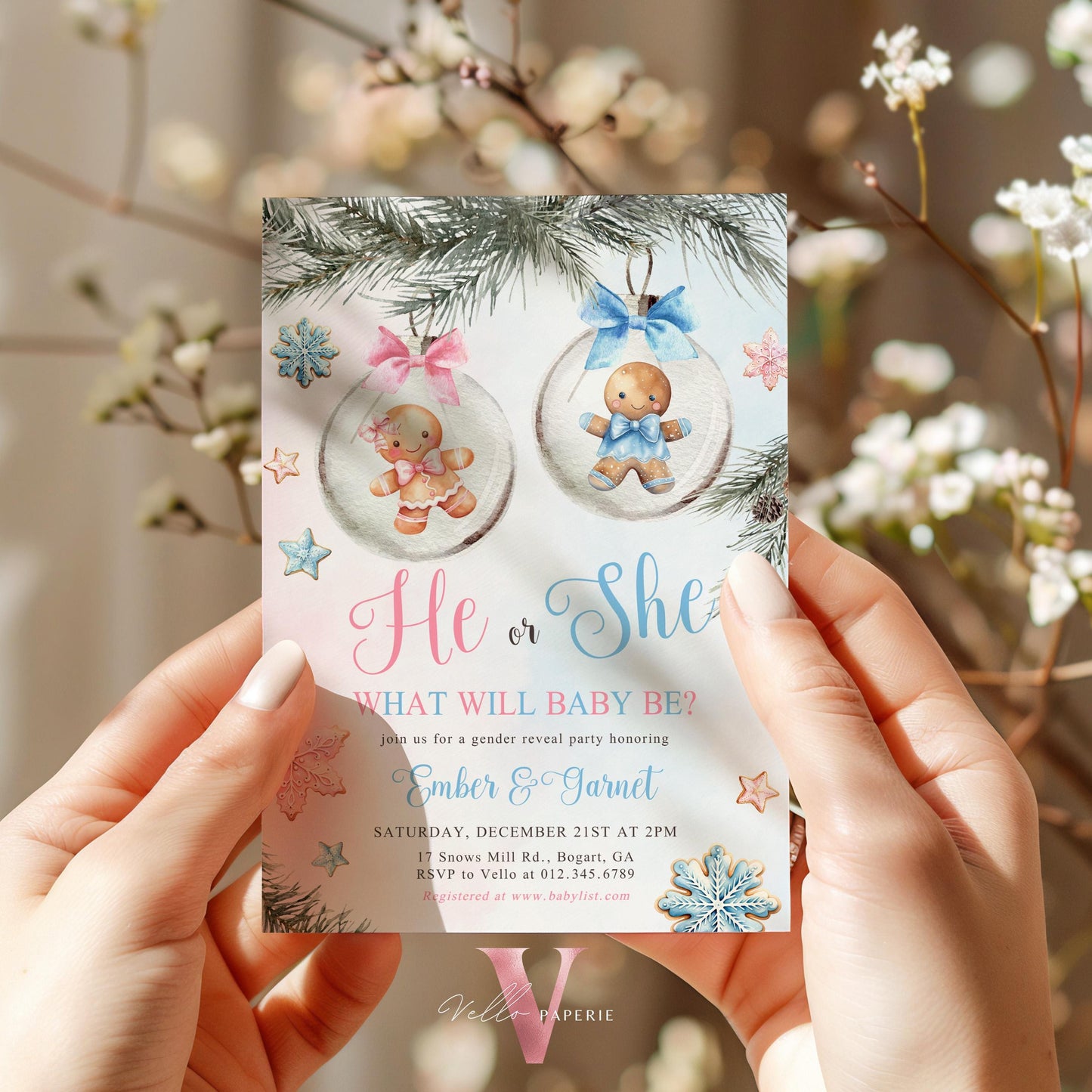 He or She Gingerbread Baby Shower Invitation | Winter Gender Reveal Little Cookie Invite | Pink Blue Gingerbread Christmas Baubles CWBS01