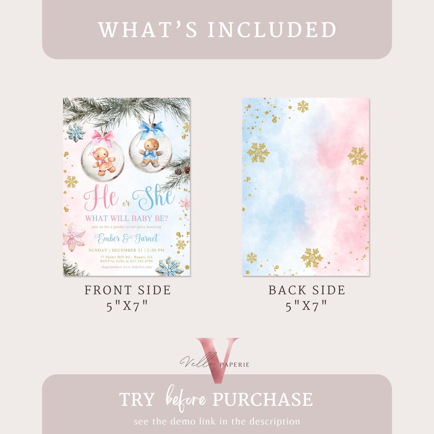 He or She Gingerbread Baby Shower Invitation | Winter Gender Reveal Cookie Baby Invite | Pink Blue Gold Gingerbread Christmas Bauble CWBS01