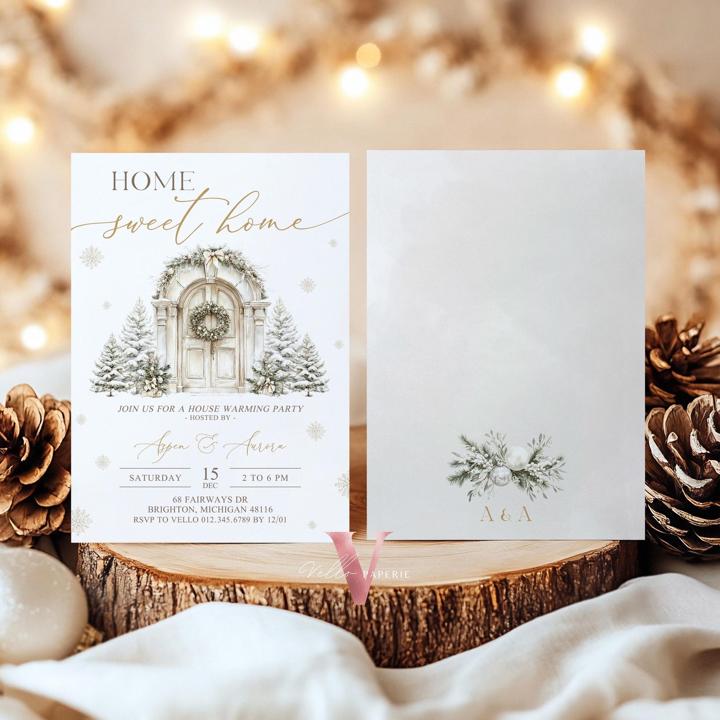 Winter House Warming Invitation | Beige Gold Home Sweet Home Party Invite | Modern or Rustic New House Celebration Christmas Decor WHW01