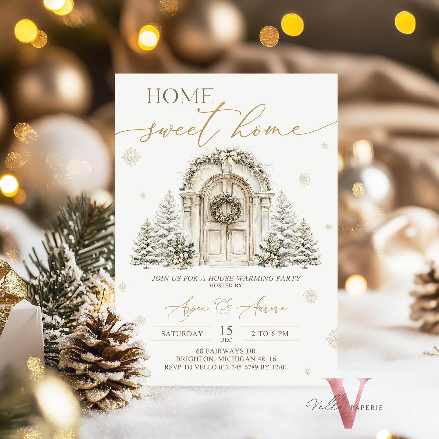 Winter House Warming Invitation | Beige Gold Home Sweet Home Party Invite | Modern or Rustic New House Celebration Christmas Decor WHW01