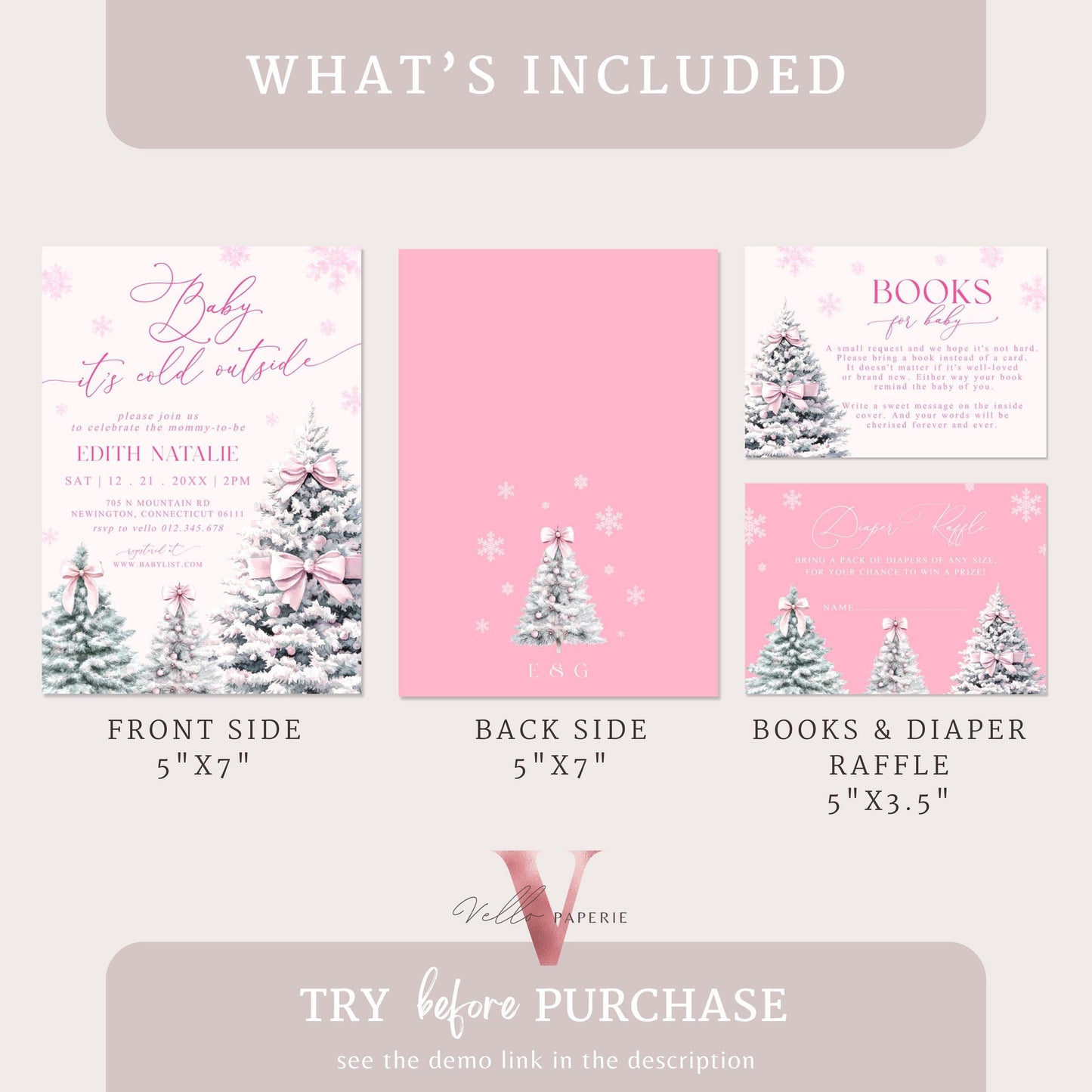 BUNDLE Cute Pink Baby It's Cold Outside Shower Invitation | Winter Snowflakes Baby Invite | Modern Pink Christmas Tree Baby Shower WBS01