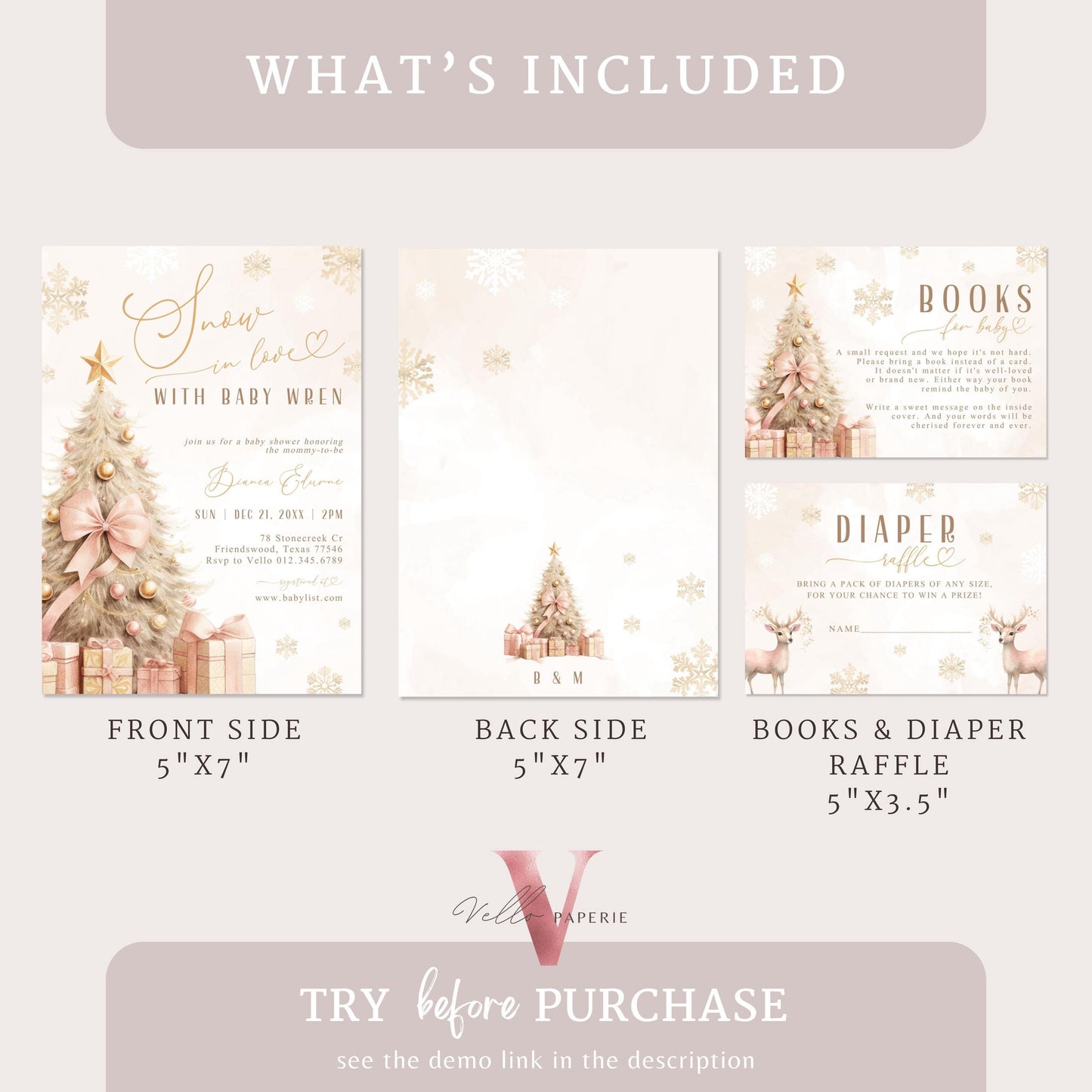 BUNDLE Blush Pink SNOW in LOVE Baby Shower Invitation | It's Cold Outside Shower Invitation | Winter Snowflakes Boho Christmas Baby WBS01