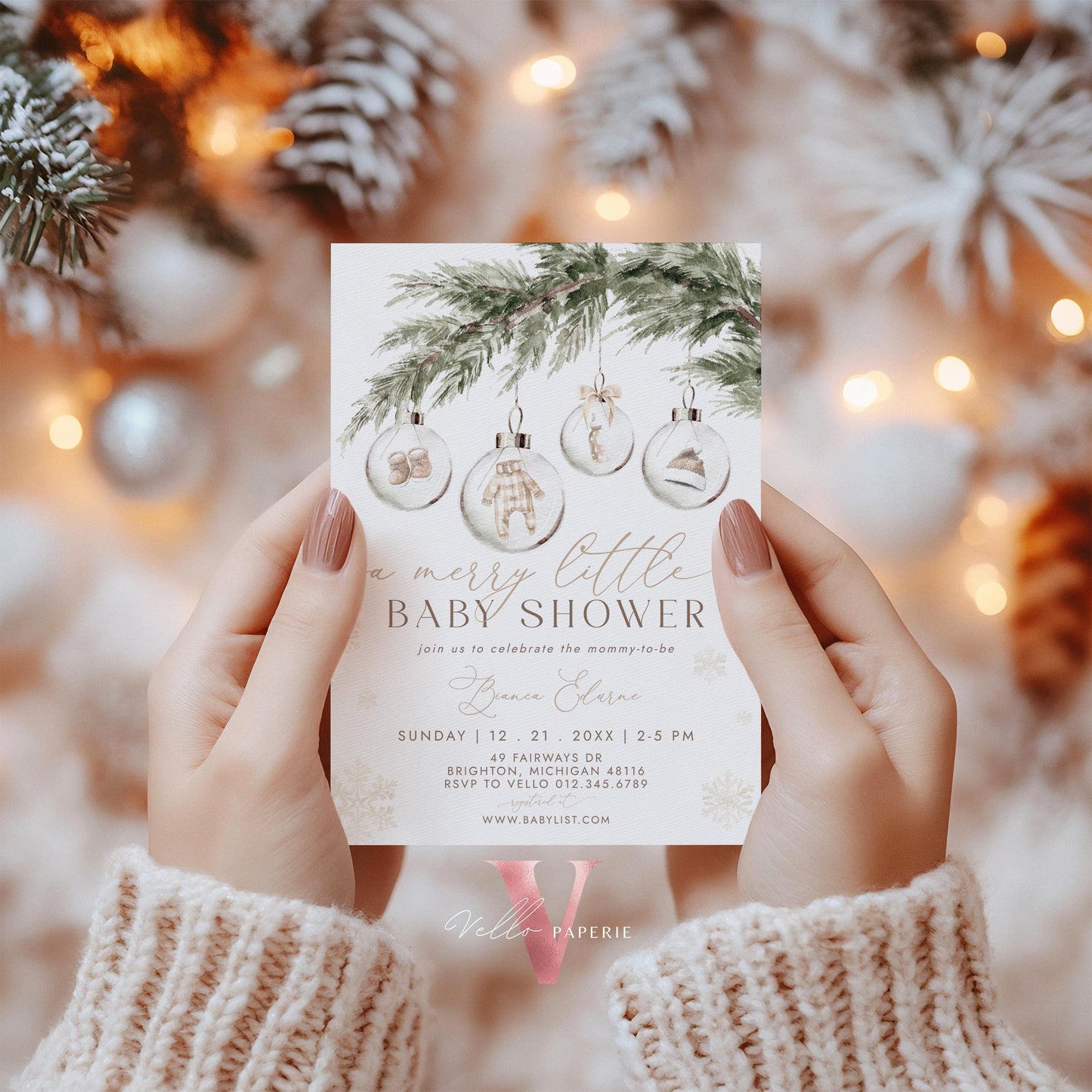 BUNDLE Boho A Merry Little Baby Shower Invitation | Winter Gender Neutral Baby Santa Invite | Modern Beige Silver Christmas Glass CWBS01
