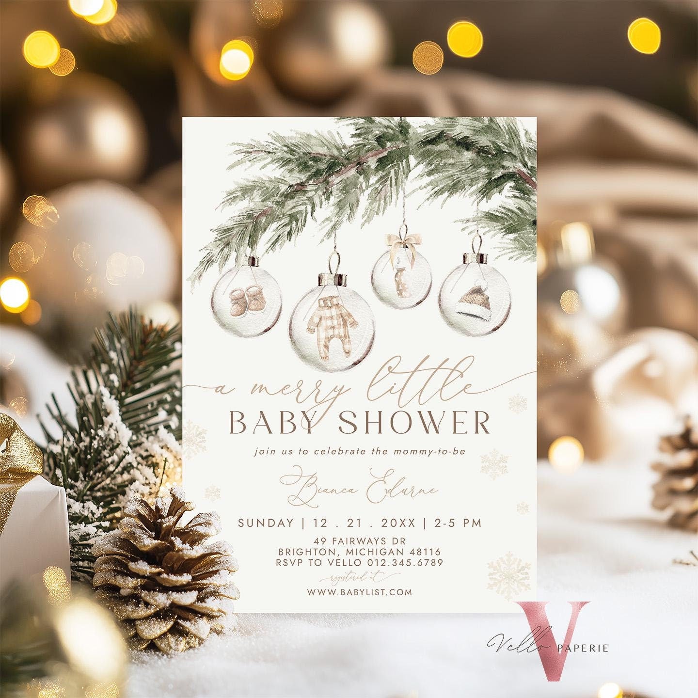 BUNDLE Boho A Merry Little Baby Shower Invitation | Winter Gender Neutral Baby Santa Invite | Modern Beige Silver Christmas Glass CWBS01