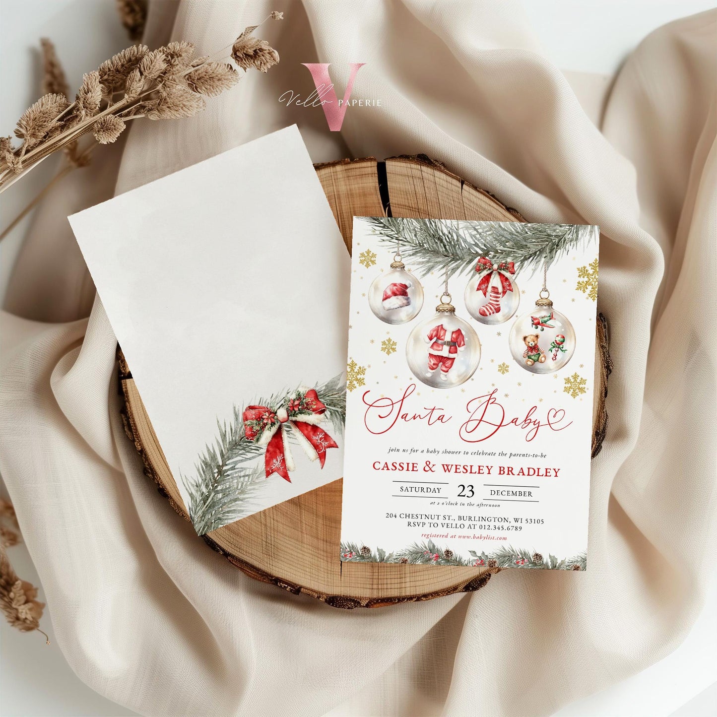 Editable Santa Baby Shower Invitation | Winter Gender Neutral Snowflake Baby Invite | Modern Boy Girl Christmas Baubles Baby Shower CWBS01