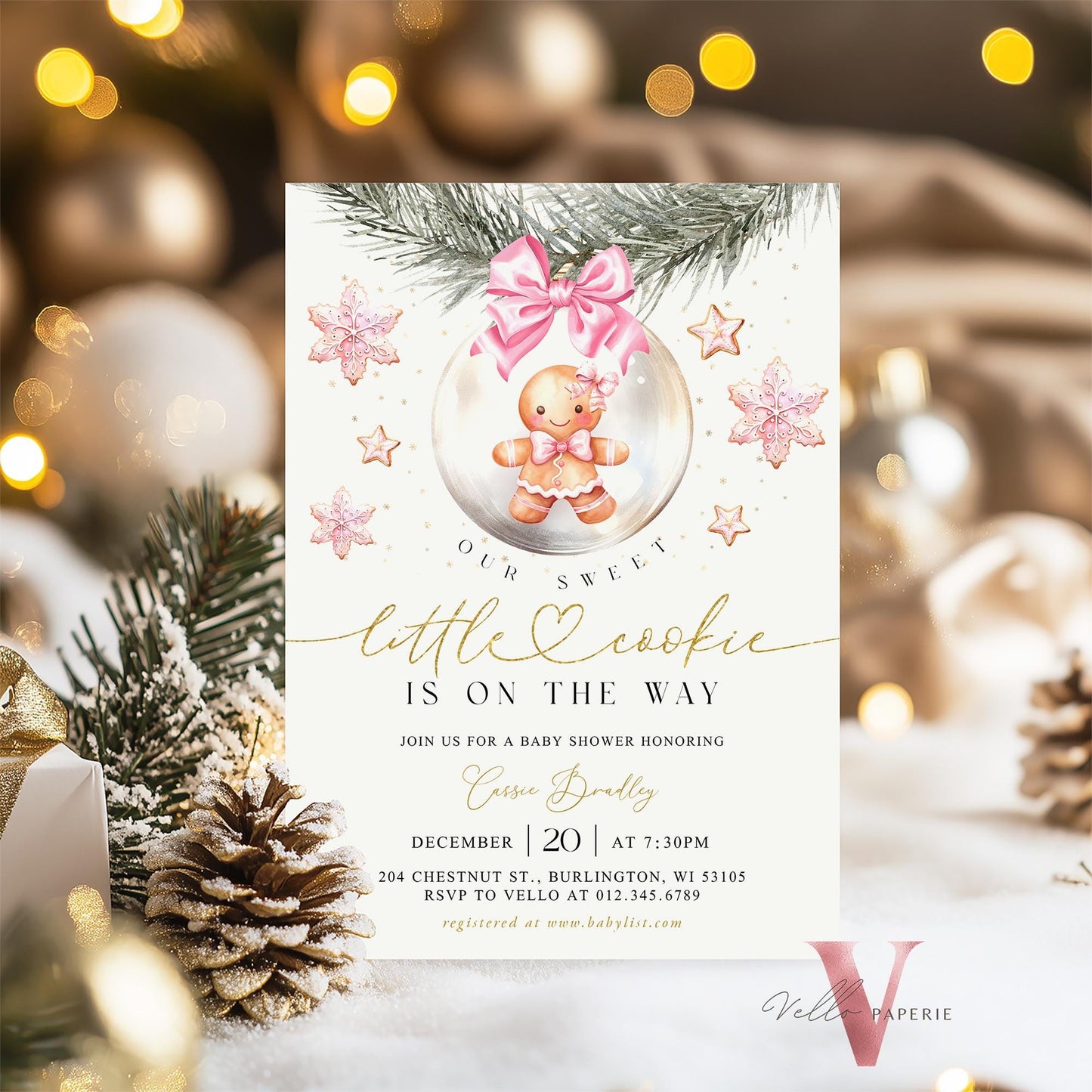 Winter Little Cookie on the way Shower Invite | Girl Gingerbread Baby Shower Invitation | Pink Gold Gingerbread on Christmas Bauble CWBS01