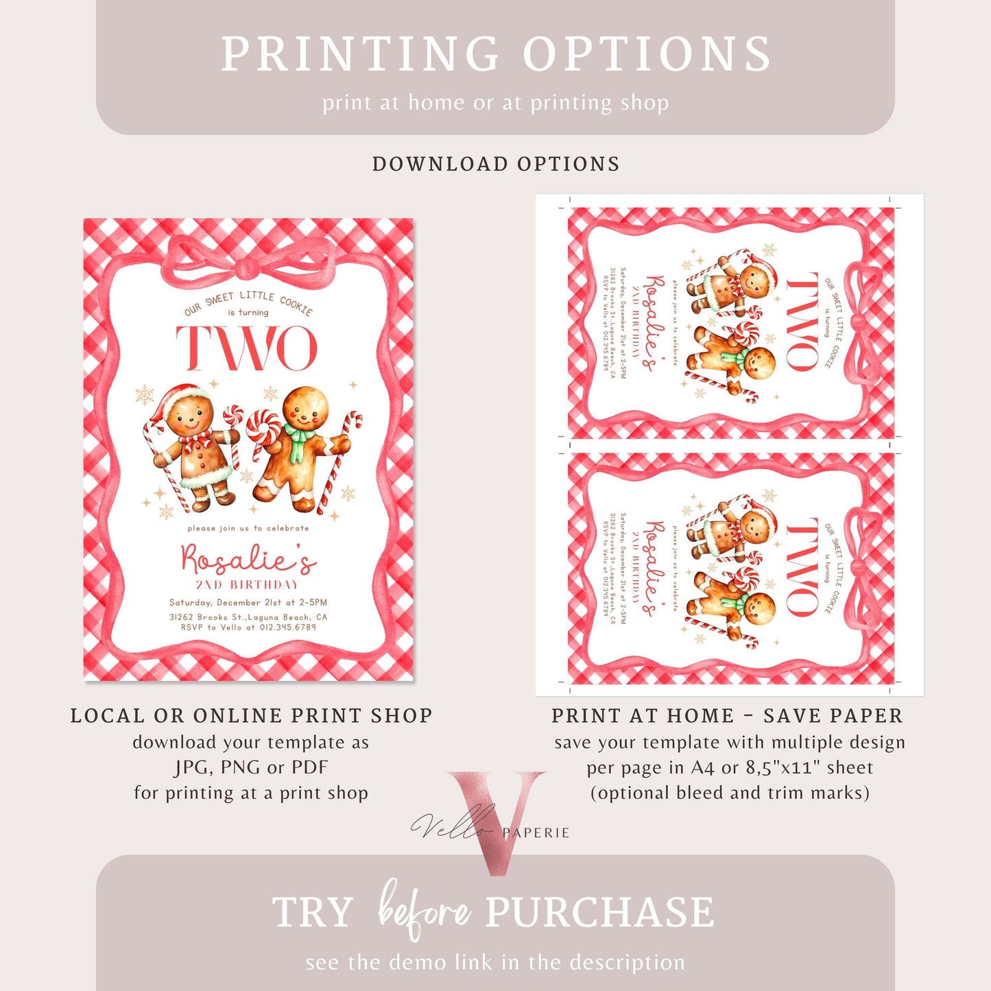 Editable Age Gingerbread Birthday Party Invite | ANY AGE Fun Holiday Baking Party Invitation | Red Little Cookie Gingham Christmas Birthday