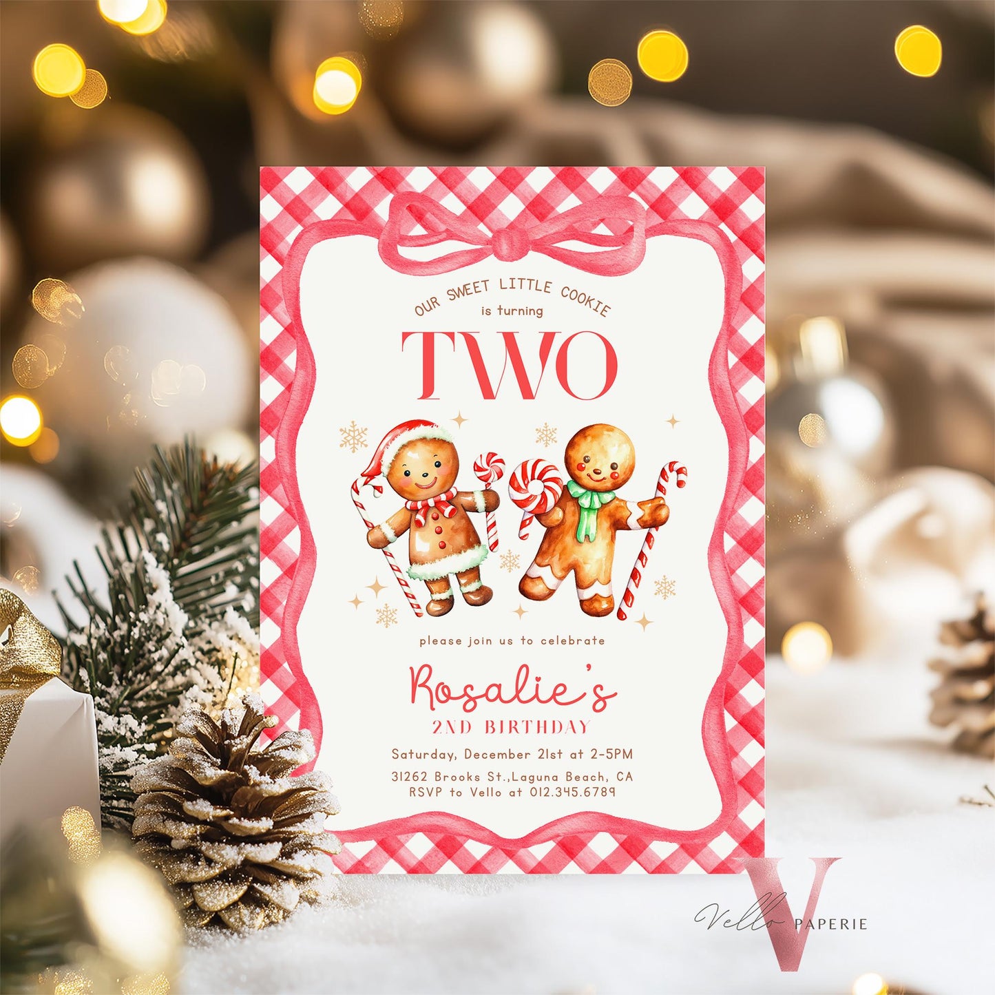 Editable Age Gingerbread Birthday Party Invite | ANY AGE Fun Holiday Baking Party Invitation | Red Little Cookie Gingham Christmas Birthday