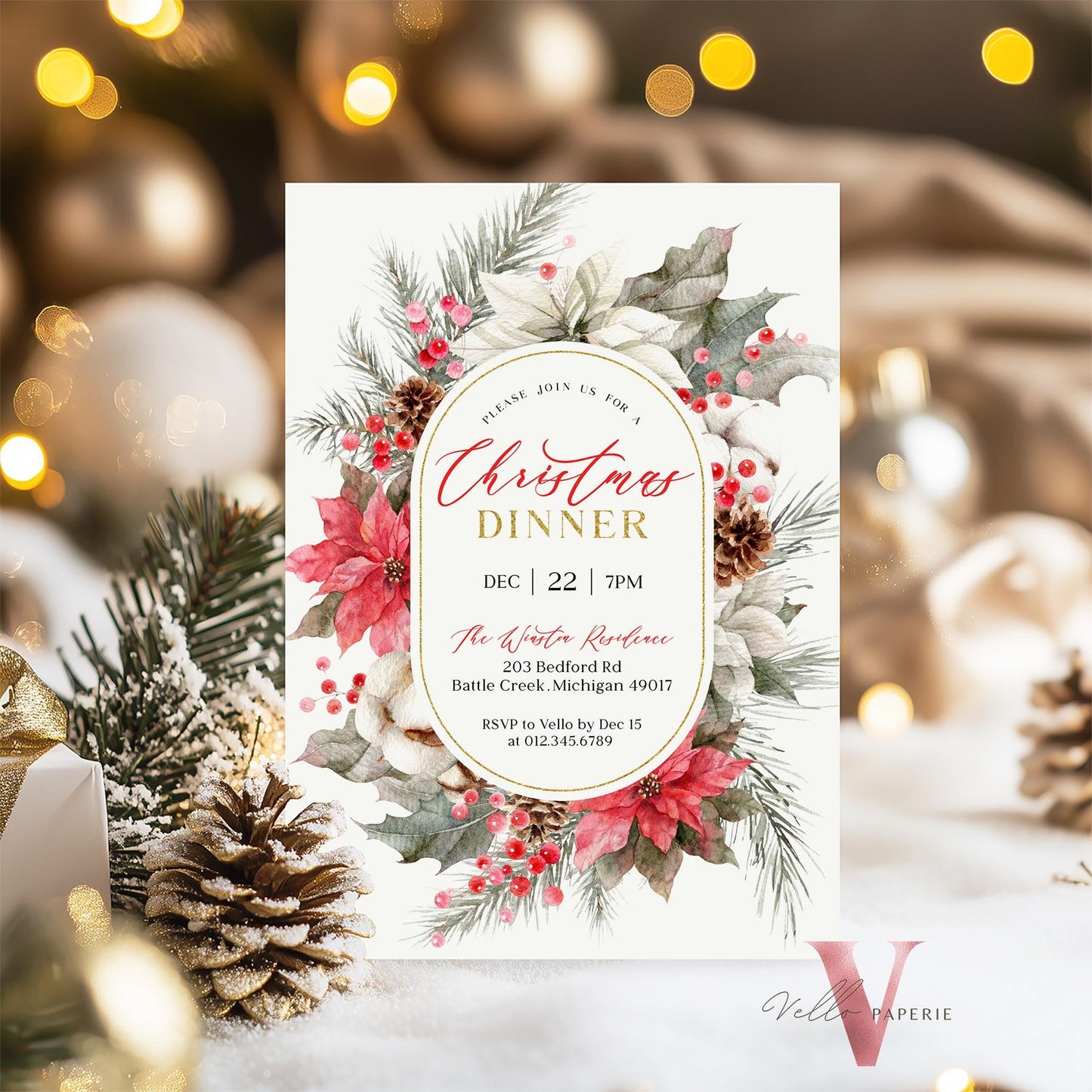 Classic Floral Christmas Dinner Invitation | Neutral Christmas Open House Invite | Modern or Rustic Red Winter Flower Friendsmas Party CHP01