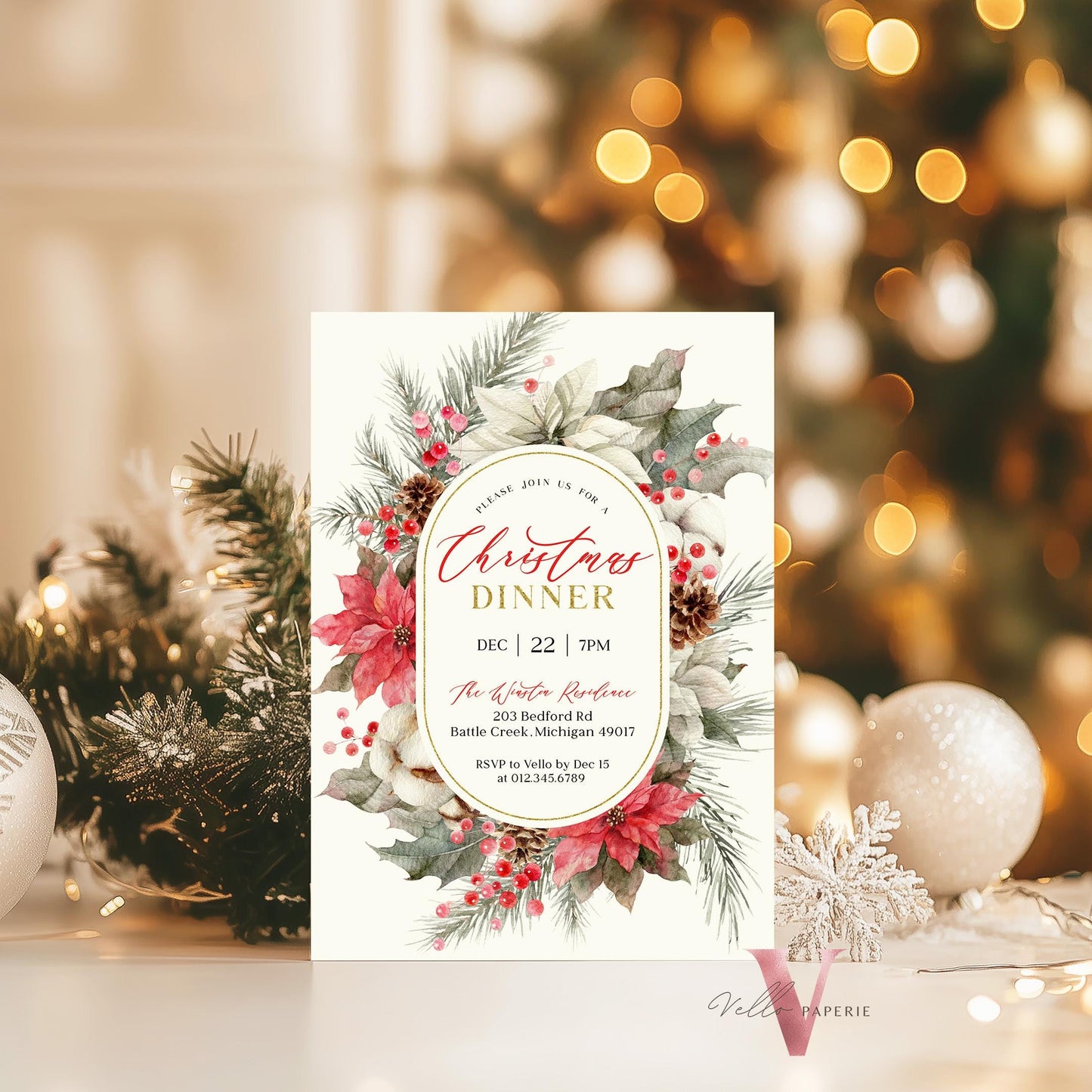 Classic Floral Christmas Dinner Invitation | Neutral Christmas Open House Invite | Modern or Rustic Red Winter Flower Friendsmas Party CHP01