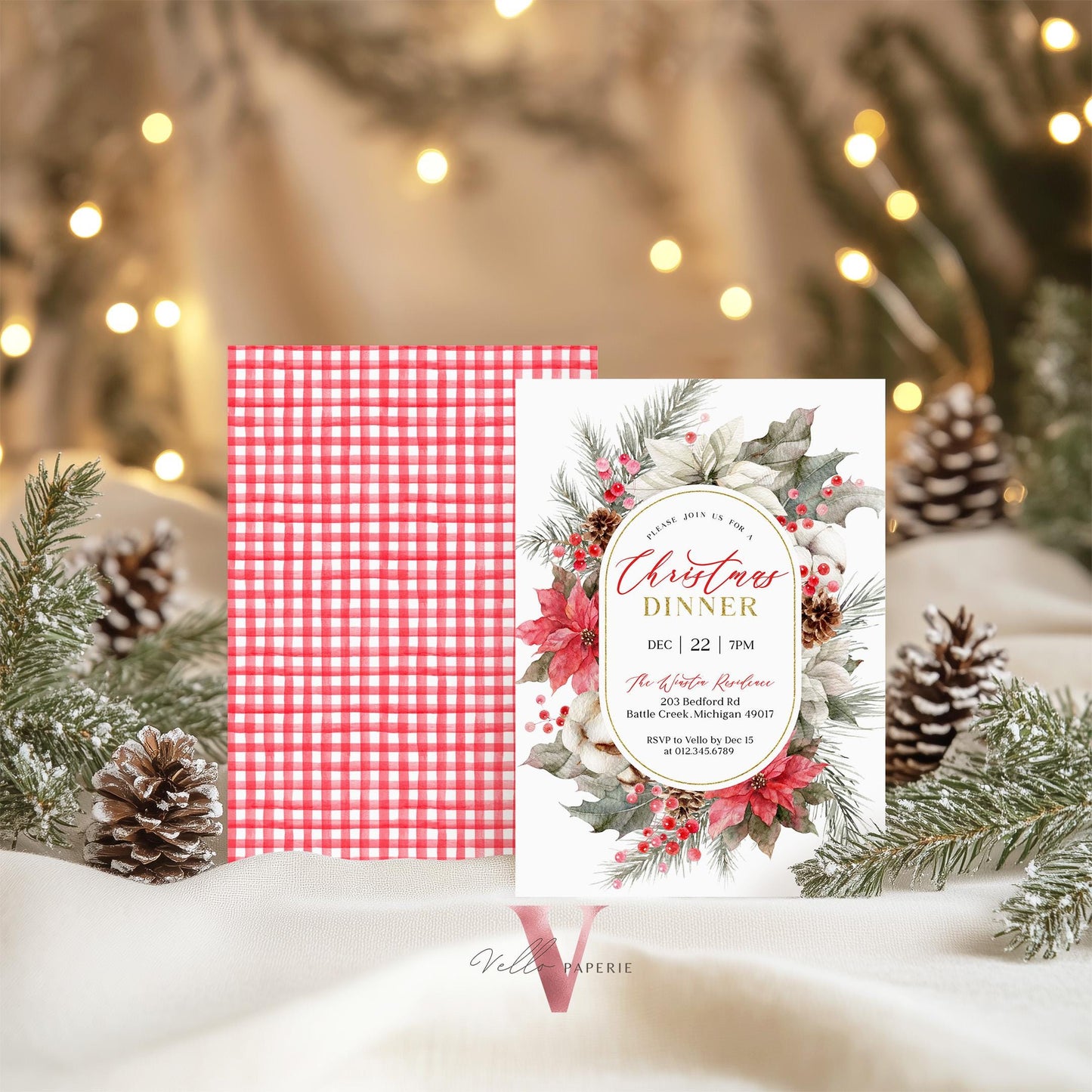 Classic Floral Christmas Dinner Invitation | Neutral Christmas Open House Invite | Modern or Rustic Red Winter Flower Friendsmas Party CHP01