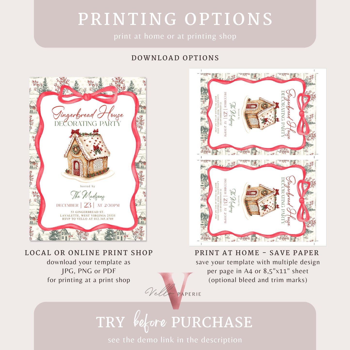 Editable Toile Gingerbread House Decorating Party Invite | Fun Holiday Baking Party Invitation | Chinoiserie Cookie Christmas Celebration