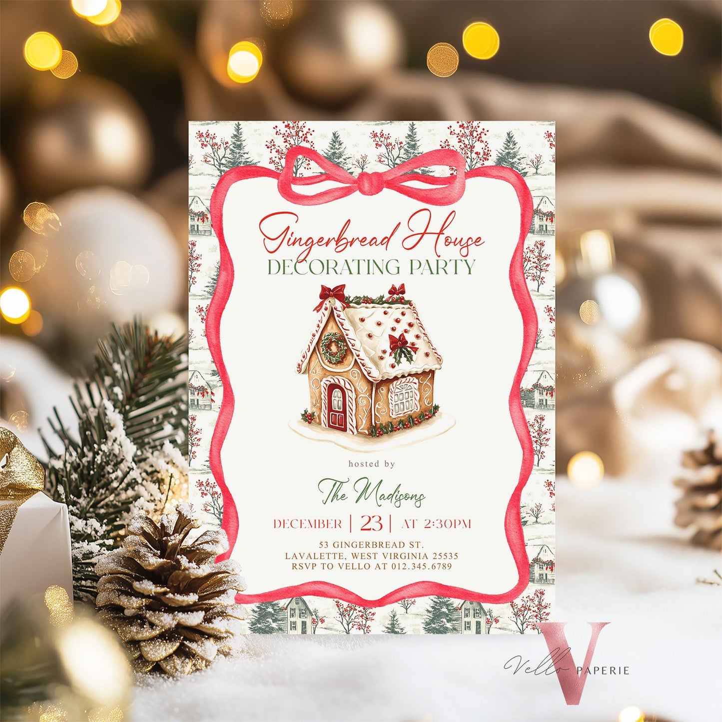 Editable Toile Gingerbread House Decorating Party Invite | Fun Holiday Baking Party Invitation | Chinoiserie Cookie Christmas Celebration