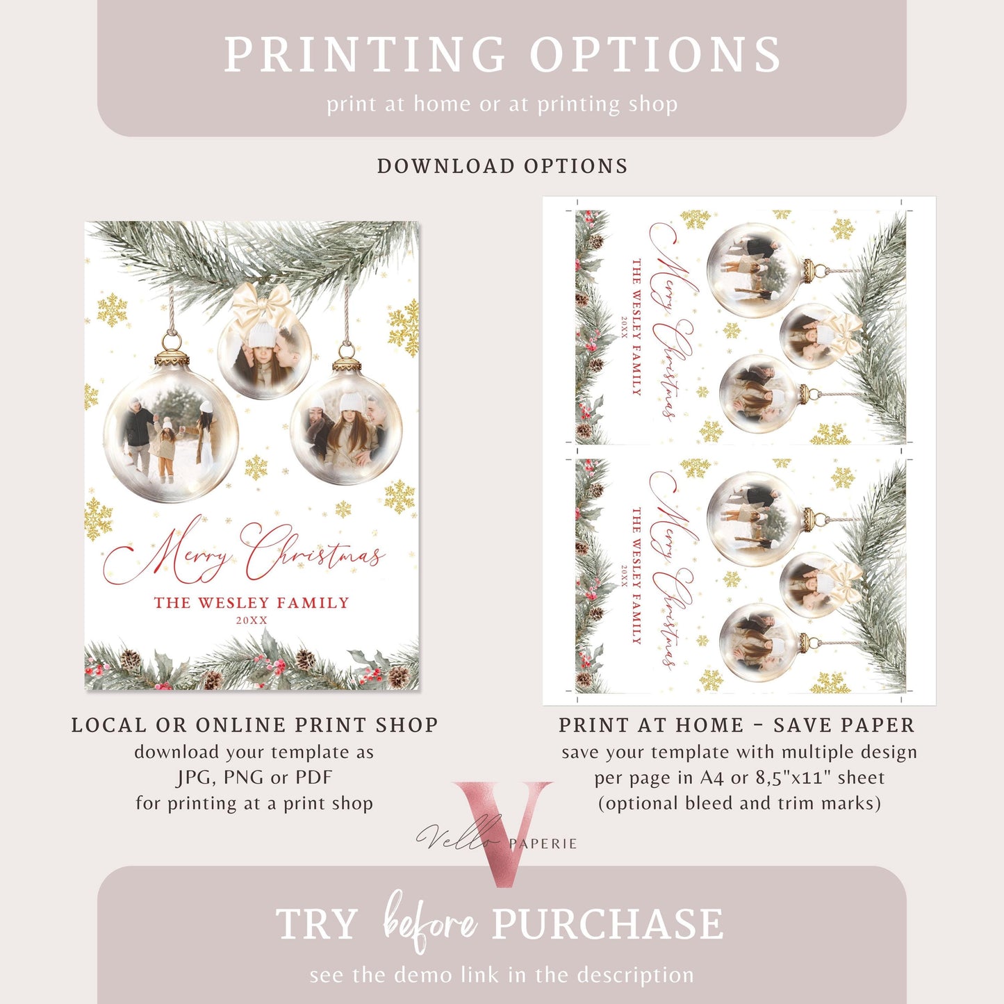 Printable 2Side Modern Photo Christmas Card Template | Neutral Beige Gold Photo Holiday Card | Botanical Christmas Bauble Winter Photo PCC12