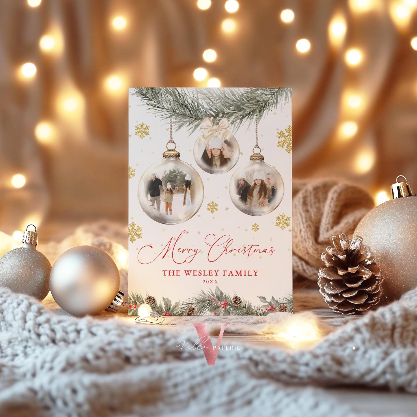 Printable 2Side Modern Photo Christmas Card Template | Neutral Beige Gold Photo Holiday Card | Botanical Christmas Bauble Winter Photo PCC12