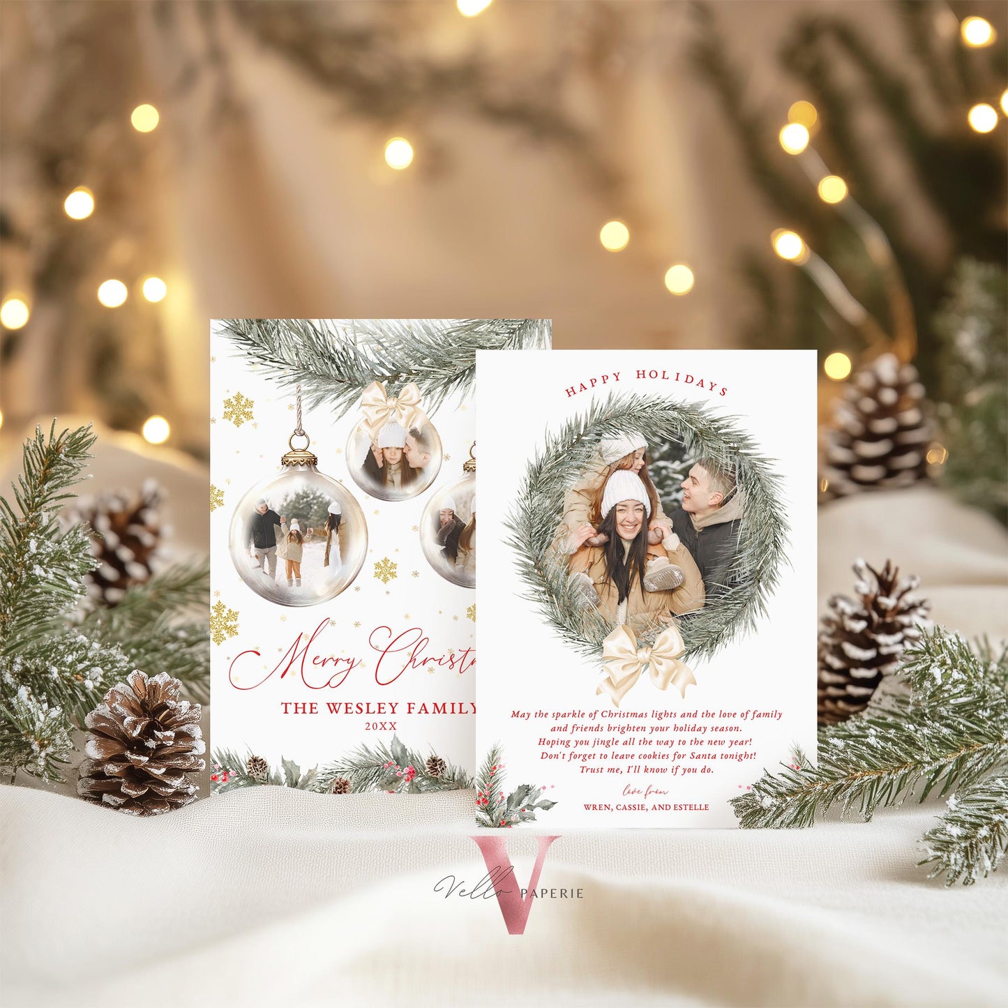 Printable 2Side Modern Photo Christmas Card Template | Neutral Beige Gold Photo Holiday Card | Botanical Christmas Bauble Winter Photo PCC12