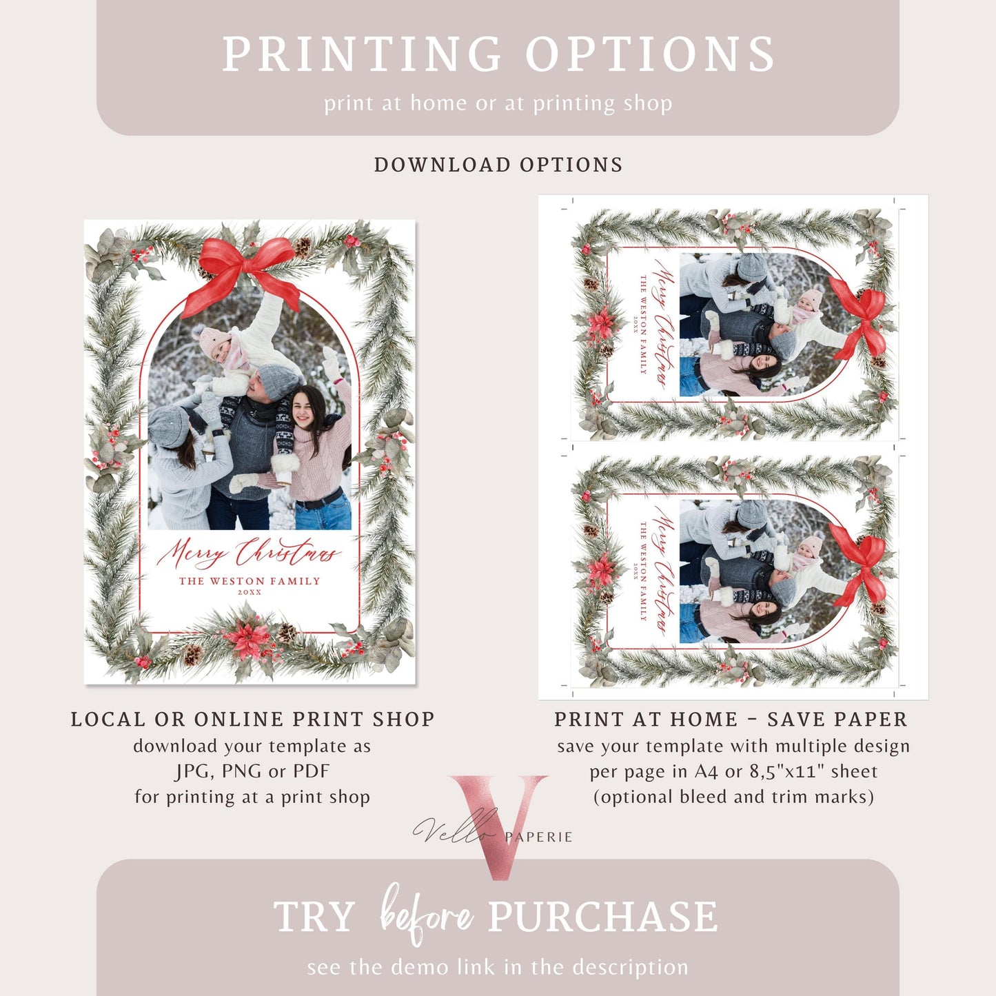 Printable 2Side Photo Christmas Card Template | Neutral Beige Gold Photo Holiday Card | Classic Botanical Christmas Bow Winter Photo PCC12