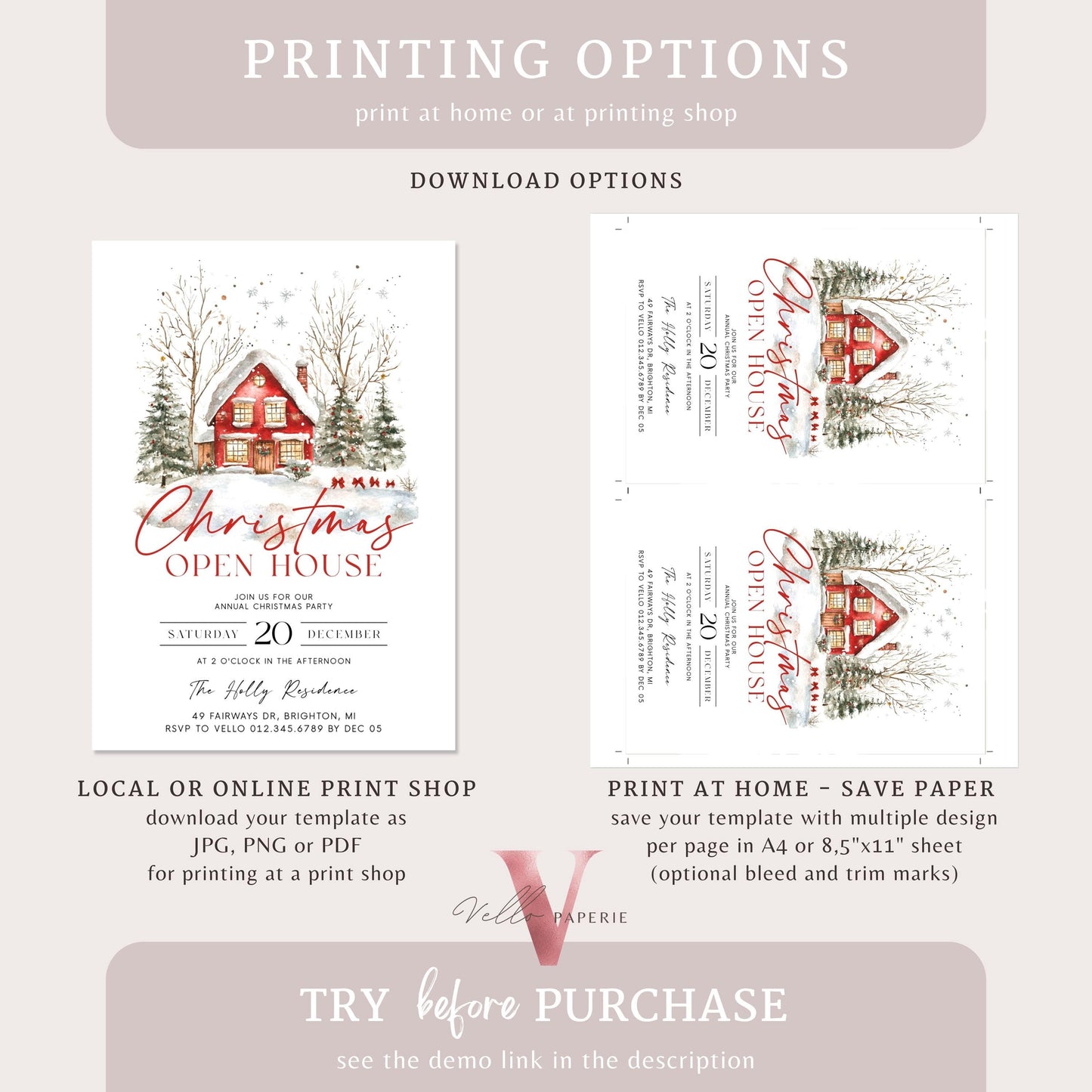 Editable Printable Cozy Christmas Open House Invitation | Neutral Winter Christmas Party Invite | Red Holiday House, Winter Holiday CHP01