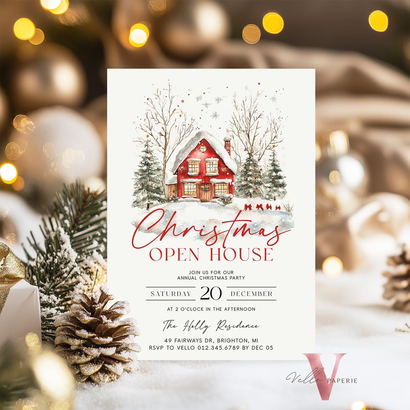 Editable Printable Cozy Christmas Open House Invitation | Neutral Winter Christmas Party Invite | Red Holiday House, Winter Holiday CHP01