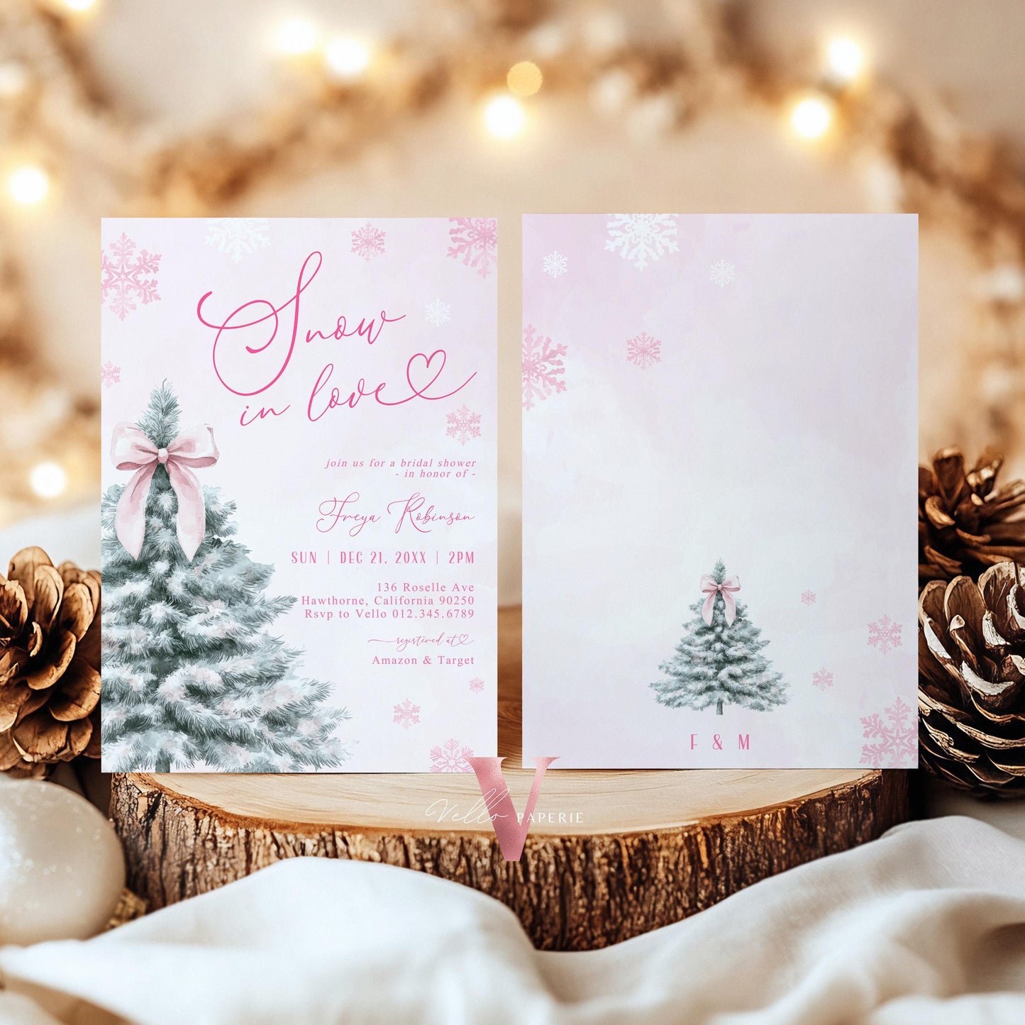 Coquette Pink SNOW in LOVE Bridal Shower Invitation | Winter Snowflakes Pink Christmas Tree Bride to Be, Couple Shower, Wedding Shower WBD01
