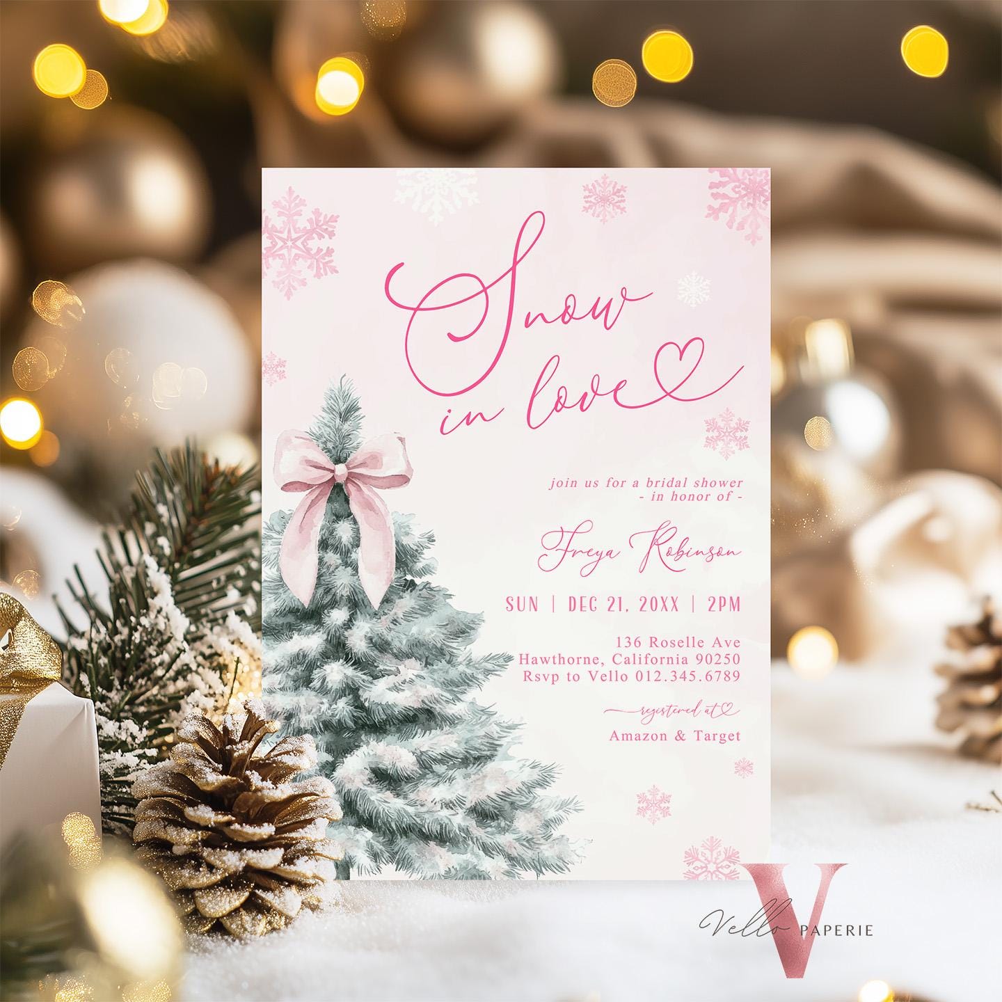 Coquette Pink SNOW in LOVE Bridal Shower Invitation | Winter Snowflakes Pink Christmas Tree Bride to Be, Couple Shower, Wedding Shower WBD01