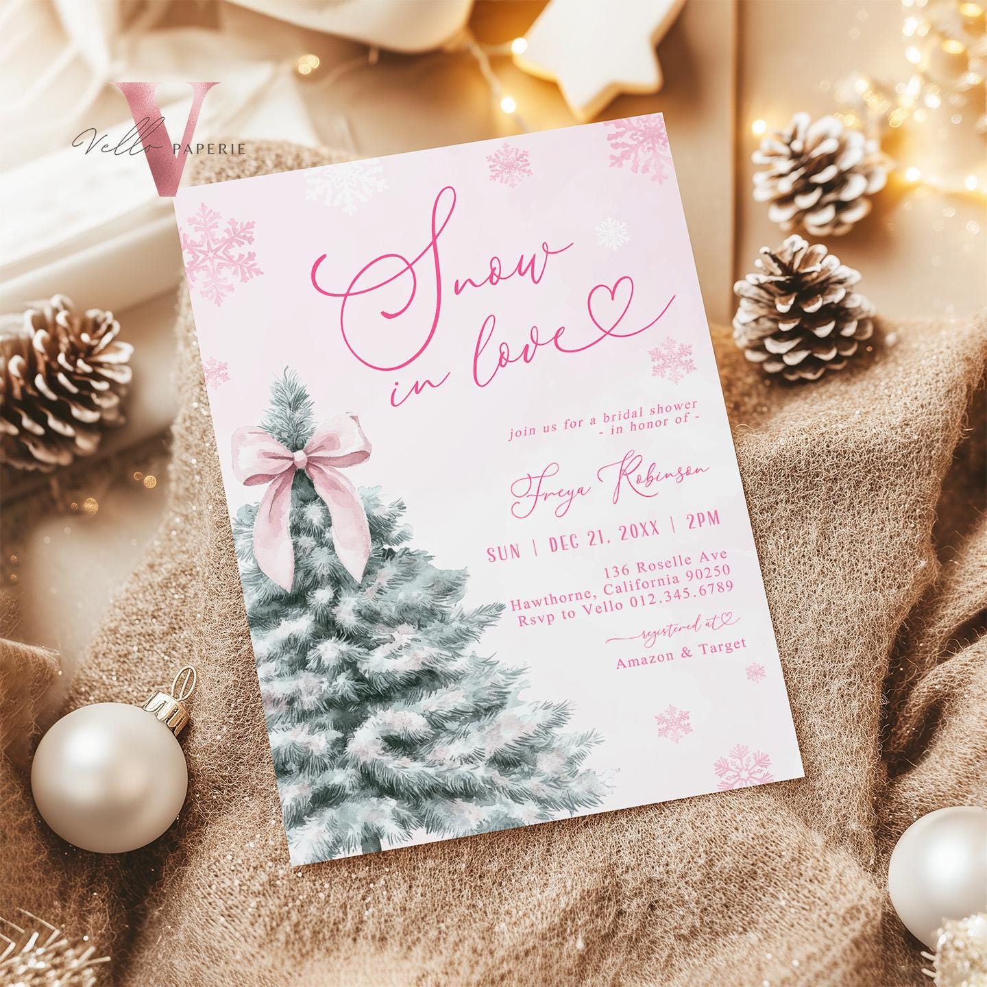 Coquette Pink SNOW in LOVE Bridal Shower Invitation | Winter Snowflakes Pink Christmas Tree Bride to Be, Couple Shower, Wedding Shower WBD01
