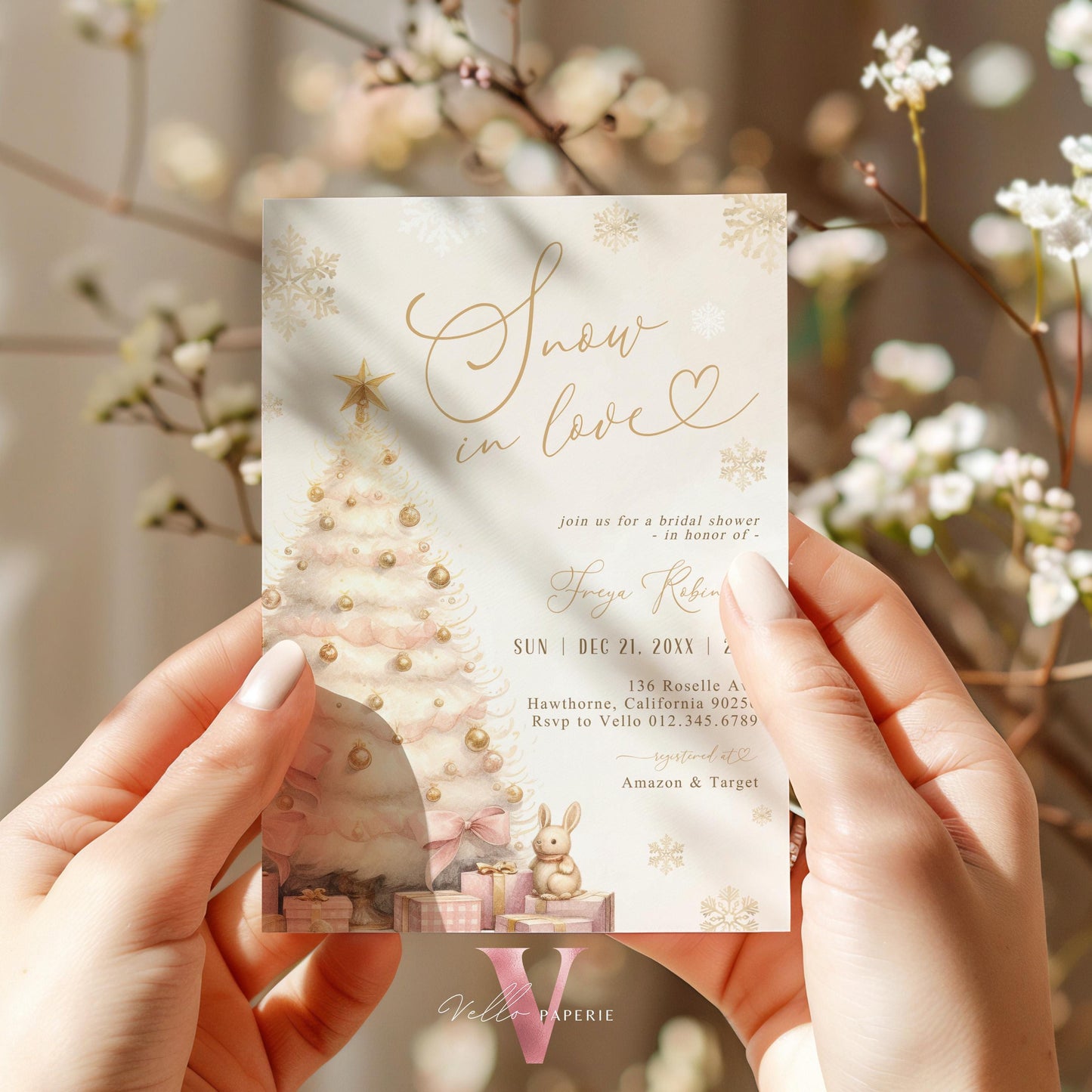 Coquette Blush Pink SNOW in LOVE Bridal Shower Invitation | Winter Snowflakes Gold Christmas Tree Bride to Be, Couple Wedding Shower WBD01