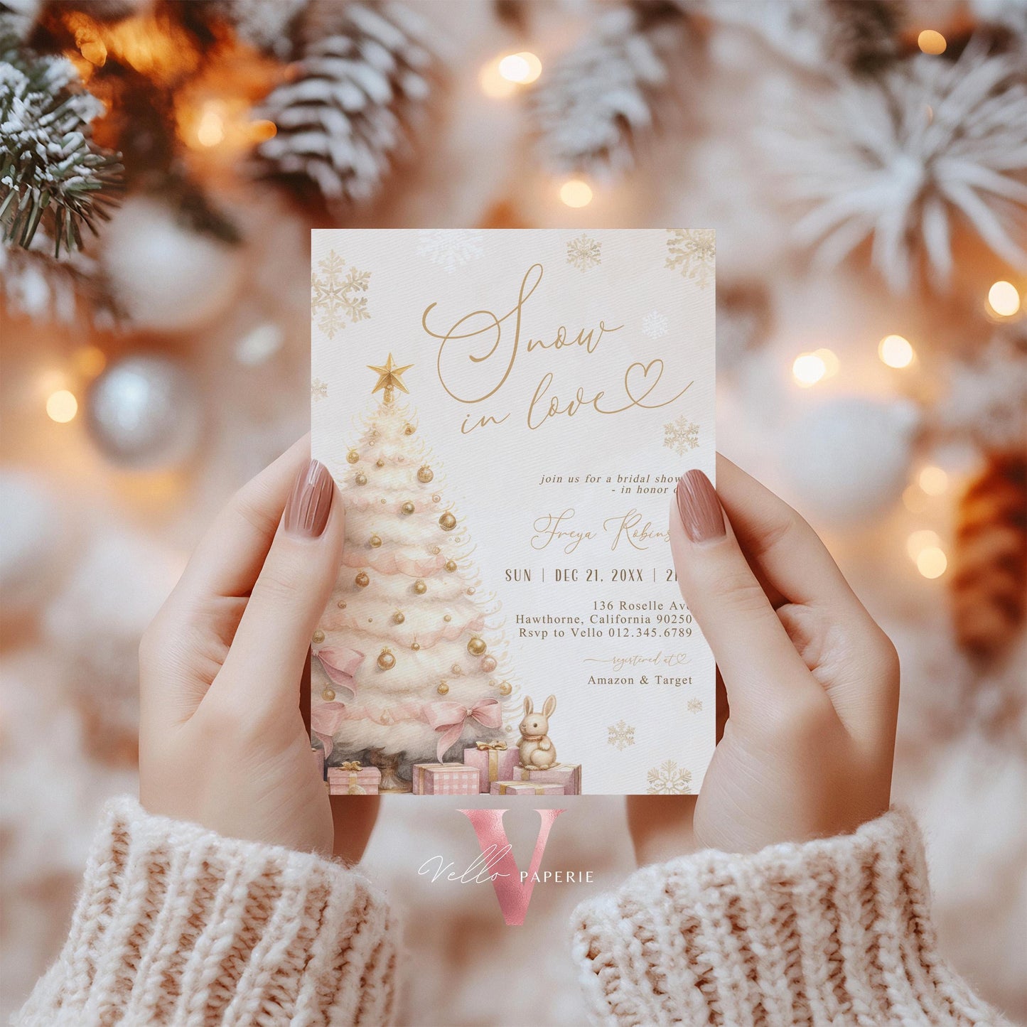 Coquette Blush Pink SNOW in LOVE Bridal Shower Invitation | Winter Snowflakes Gold Christmas Tree Bride to Be, Couple Wedding Shower WBD01