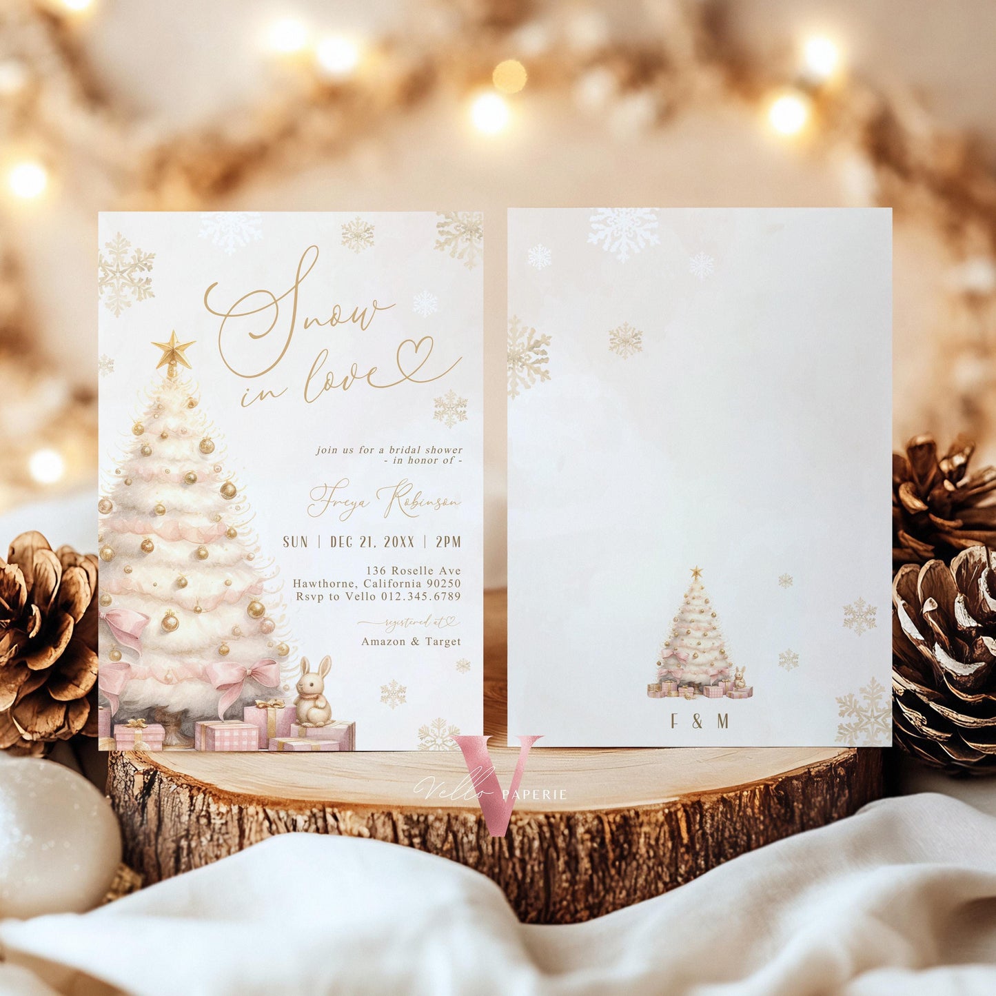 Coquette Blush Pink SNOW in LOVE Bridal Shower Invitation | Winter Snowflakes Gold Christmas Tree Bride to Be, Couple Wedding Shower WBD01
