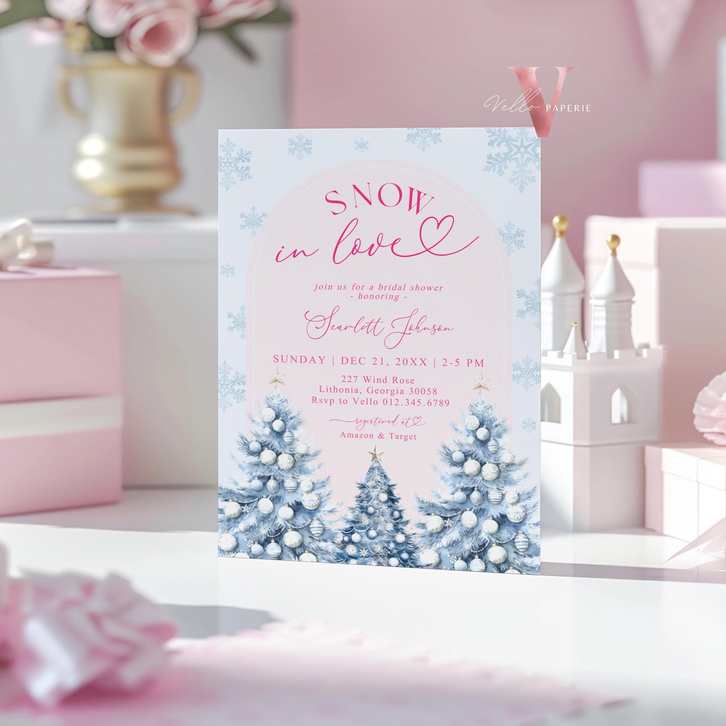 Coquette Blue Pink SNOW in LOVE Bridal Shower Invitation | Winter Snowflakes Christmas Tree Bride to Be, Couple Shower, Wedding Shower WBD01